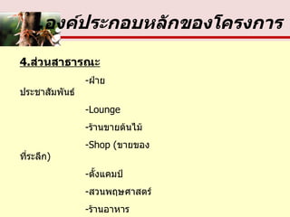 องค์ประกอบหลักของโครงการ 4. ส่วนสาธารณะ   - ฝ่ายประชาสัมพันธ์   -Lounge   - ร้านขายต้นไม้   -Shop  ( ขายของที่ระลึก )   - ตั้งแคมป์   - สวนพฤษศาสตร์   - ร้านอาหาร   - ห้องน้ำ   