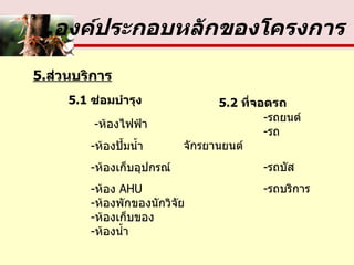 องค์ประกอบหลักของโครงการ 5.2  ที่จอดรถ   - รถยนต์   - รถจักรยานยนต์   - รถบัส   - รถบริการ     5. ส่วนบริการ 5.1  ซ่อมบำรุง   - ห้องไฟฟ้า   - ห้องปั้มน้ำ   - ห้องเก็บอุปกรณ์   - ห้อง  AHU   - ห้องพักของนักวิจัย   - ห้องเก็บของ   - ห้องน้ำ 