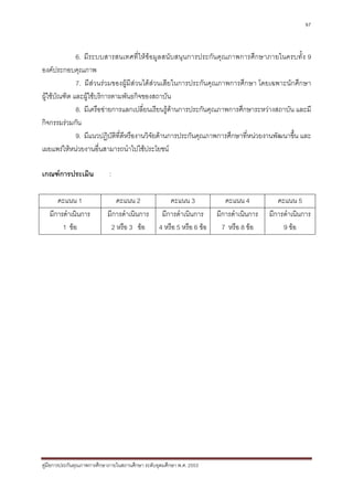 97



              6. มีระบบสารสนเทศที่ใหขอมูลสนับสนุนการประกันคุณภาพการศึกษาภายในครบทั้ง 9
องคประกอบคุณภาพ
              7. มีสวนรวมของผูมีสวนไดสวนเสียในการประกันคุณภาพการศึกษา โดยเฉพาะนักศึกษา
ผูใชบัณฑิต และผูใชบริการตามพันธกิจของสถาบัน
              8. มีเครือขายการแลกเปลี่ยนเรียนรูดานการประกันคุณภาพการศึกษาระหวางสถาบัน และมี
กิจกรรมรวมกัน
              9. มีแนวปฏิบัติที่ดีหรืองานวิจัยดานการประกันคุณภาพการศึกษาที่หนวยงานพัฒนาขึ้น และ
เผยแพรใหหนวยงานอื่นสามารถนําไปใชประโยชน

เกณฑการประเมิน              :

      คะแนน 1                  คะแนน 2                คะแนน 3              คะแนน 4           คะแนน 5
   มีการดําเนินการ          มีการดําเนินการ        มีการดําเนินการ      มีการดําเนินการ   มีการดําเนินการ
        1 ขอ                2 หรือ 3 ขอ         4 หรือ 5 หรือ 6 ขอ     7 หรือ 8 ขอ         9 ขอ




คูมือการประกันคุณภาพการศึกษาภายในสถานศึกษา ระดับอุดมศึกษา พ.ศ. 2553
 