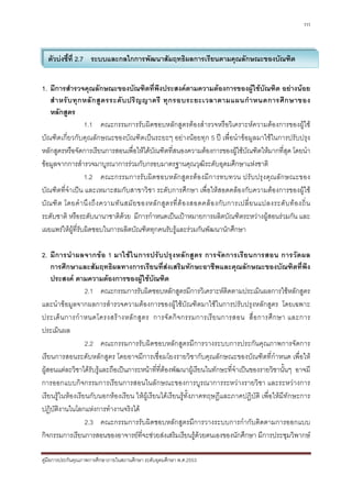 111



  ตัวบงชี้ที่ 2.7 ระบบและกลไกการพัฒนาสัมฤทธิผลการเรียนตามคุณลักษณะของบัณฑิต


1. มีการสํารวจคุณลักษณะของบัณฑิตที่พึงประสงคตามความตองการของผูใชบัณฑิต อยางนอย
    สํ า หรั บ ทุ ก หลั ก สู ต รระดั บ ปริ ญ ญาตรี ทุ ก รอบระยะเวลาตามแผนกํ า หนดการศึ ก ษาของ
    หลักสูตร
                    1.1 คณะกรรมการรับผิดชอบหลักสูตรตองสํารวจหรือวิเคราะหความตองการของผูใช
บัณฑิตเกี่ยวกับคุณลักษณะของบัณฑิตเปนระยะๆ อยางนอยทุก 5 ป เพื่อนําขอมูลมาใชในการปรับปรุง
หลักสูตรหรือจัดการเรียนการสอนเพื่อใหไดบัณฑิตที่สนองความตองการของผูใชบณฑิตใหมากที่สุด โดยนํา
                                                                                         ั
ขอมูลจากการสํารวจมาบูรณาการรวมกับกรอบมาตรฐานคุณวุฒิระดับอุดมศึกษาแหงชาติ
                    1.2 คณะกรรมการรั บผิ ด ชอบหลั ก สู ต รต องมีก ารทบทวน ปรับ ปรุ ง คุณ ลัก ษณะของ
บัณฑิตที่จําเปน และเหมาะสมกับสาขาวิชา ระดับการศึกษา เพื่อใหสอดคลองกับความตองการของผูใช
บั ณ ฑิ ต โดยคํ า นึ ง ถึ ง ความทั น สมั ย ของหลั ก สู ต รที่ ต อ งสอดคล อ งกั บ การเปลี่ ย นแปลงระดั บ ท อ งถิ่ น
ระดับชาติ หรือระดับนานาชาติดวย มีการกําหนดเปนเปาหมายการผลิตบัณฑิตระหวางผูสอนรวมกัน และ
เผยแพรใหผที่รับผิดชอบในการผลิตบัณฑิตทุกคนรับรูและรวมกันพัฒนานักศึกษา
               ู

2. มี ก ารนํา ผลจากข อ 1 มาใช ใ นการปรั บปรุ ง หลัก สูตร การจั ด การเรี ย นการสอน การวั ด ผล
    การศึกษาและสัมฤทธิผลทางการเรียนที่สงเสริมทักษะอาชีพและคุณลักษณะของบัณฑิตที่พึง
    ประสงค ตามความตองการของผูใชบัณฑิต
                  2.1 คณะกรรมการรับผิดชอบหลักสูตรมีการวิเคราะหติดตามประเมินผลการใชหลักสูตร
และนําขอมูลจากผลการสํารวจความตองการของผูใชบัณฑิตมาใชในการปรับปรุงหลักสูตร โดยเฉพาะ
ประเด็ น การกํ า หนดโครงสร า งหลั ก สู ต ร การจั ด กิ จ กรรมการเรี ย นการสอน สื่ อ การศึ ก ษา และการ
ประเมินผล
                  2.2 คณะกรรมการรับผิดชอบหลักสูตรมีการวางระบบการประกันคุณภาพการจัดการ
เรียนการสอนระดับหลักสูตร โดยอาจมีการเชื่อมโยงรายวิชากับคุณลักษณะของบัณฑิตที่กําหนด เพื่อให
ผูสอนแตละวิชาไดรับรูและถือเปนภาระหนาที่ที่ตองพัฒนาผูเรียนในทักษะที่จําเปนของรายวิชานั้นๆ อาจมี
การออกแบบกิจกรรมการเรียนการสอนในลักษณะของการบูรณาการระหวางรายวิชา และระหวางการ
เรียนรูในหองเรียนกับนอกหองเรียน ใหผูเรียนไดเรียนรูทั้งภาคทฤษฎีและภาคปฏิบัติ เพื่อใหมีทักษะการ
ปฏิบัตงานในโลกแหงการทํางานจริงได
        ิ
                  2.3 คณะกรรมการรับผิดชอบหลักสูตรมีการวางระบบการกํากับติดตามการออกแบบ
กิจกรรมการเรียนการสอนของอาจารยที่จะชวยสงเสริมเรียนรูดวยตนเองของนักศึกษา มีการประชุมวิพากษ

คูมือการประกันคุณภาพการศึกษาภายในสถานศึกษา ระดับอุดมศึกษา พ.ศ.2553
 