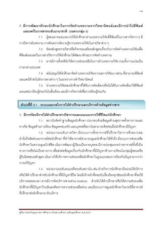 114



7. มีก ารพั ฒนาทั ก ษะนั ก ศึก ษาในการจั ดทํ า บทความจากวิ ท ยานิ พ นธและมี ก ารนํ า ไปตี พิ ม พ
     เผยแพรในวารสารระดับนานาชาติ (เฉพาะกลุม ง)
                7.1 ผูสอนอาจมอบหมายใหนักศึกษาอานบทความวิจัยที่ตีพิมพในวารสารวิชาการ มี
การวิพากษบทความ การสังเคราะหความรูจากบทความวิจัยในรายวิชาตาง ๆ
                7.2 จัดหลักสูตรรายวิชาหรือกิจกรรมเสริมหลักสูตรเกี่ยวกับการจัดทําบทความวิจัยเพื่อ
ตีพมพเผยแพรในวารสารวิชาการใหนักศึกษาไดพัฒนาทักษะการจัดทําบทความ
   ิ
                7.3 อาจมีการตั้งคลินิกใหความชวยเหลือในการทําบทความวิจัย รวมทั้งการแปลเปน
ภาษาตางประเทศ
                7.4 สนับสนุนใหนักศึกษาจัดทําบทความวิจัยจากผลการวิจัยบางสวน ที่สามารถตีพิมพ
เผยแพรได สงไปยังวารสารตาง ๆ ในระหวางการทําวิทยานิพนธ
                7.5 นําบทความวิจัยของนักศึกษาที่ไดรับการคัดเลือกหรือไมไดรับการคัดเลือกใหตีพิมพ
เผยแพรมาเรียนรูรวมกันในชั้นเรียน และมีการวิพากษเพื่อการเรียนรูรวมกัน


 ตัวบงชี้ที่ 3.1 ระบบและกลไกการใหคําปรึกษาและบริการดานขอมูลขาวสาร

1. มีการจัดบริการใหคําปรึกษาทางวิชาการและแนะแนวการใชชีวิตแกนักศึกษา
                 1.1. สถาบันจัดทําฐานขอมูลนักศึกษา ประกอบดวยขอมูลดานสุขภาพทั้งทางกายและ
ทางจิต ขอมูลดานการเรียน ขอมูลครอบครัว และบุคคลที่สถาบันสามารถติดตอเมื่อนักศึกษามีปญหา
                 1.2. หน ว ยงานระดั บ ภาควิ ช า มี ร ะบบการตั้ ง อาจารย ที่ ป รึ ก ษาวิ ช าการที่ เ หมาะสม
คํานึงถึงสัดสวนอาจารยตอนักศึกษา ที่ทําใหอาจารยสามารถดูแลนักศึกษาไดทั่วถึง มีระบบการชวยเหลือ
นักศึกษาในความดูแลใกลชิด เนนการพัฒนาผูเรียนเปนรายบุคคล มีการประชุมระหวางอาจารยทั้งที่เปน
ทางการหรือไมเปนทางการ เพื่อสงตอขอมูลเกี่ยวกับนักศึกษาที่มีปญหาดานการเรียนในกลุมผูสอนหรือ
ผูรับผิดชอบหลักสูตร เนนการใหบริการความชวยเหลือนักศึกษาในรูปแบบของการปองกันปญหามากกวา
การแกปญหา
                 1.3. หนวยงานระดับคณะหรือระดับสถาบัน เชน ฝายกิจการนักศึกษามีหนวยใหบริการ
หรือใหคําปรึกษาสําหรับนักศึกษาที่มีปญหาชีวิต โดยมีเจาหนาที่คอยรับเรื่องรองทุกขของนักศึกษาที่ขอใช
บริการตลอดเวลา อาจมีการจัดบริการสายดวน (hotline) สําหรับใหคําปรึกษาหรือใหความชวยเหลือ
นักศึกษาที่มีปญหาวิกฤติและตองการความชวยเหลือดวน และมีระบบการดูแลนักศึกษาในกรณีที่อาจารย
ที่ปรึกษาสงนักศึกษามารับบริการ



คูมือการประกันคุณภาพการศึกษาภายในสถานศึกษา ระดับอุดมศึกษา พ.ศ.2553
 