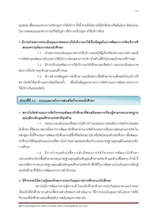117



อุปสรรค เพื่อหาแนวทางการปรับปรุงการใหบริการ ทั้งนี้ ควรเปดโอกาสใหนักศึกษาหรือศิษยเกา มีสวนรวม
ในการเสนอแนะแนวทางการแกไขปญหา หรือการปรับปรุงการใหบริการดวย

7. มีการนําผลการประเมินคุณภาพของการใหบริการมาใชเปนขอมูลในการพัฒนาการจัดบริการที่
   สนองความตองการของนักศึกษา
               7.1 นําผลการประเมินคุณภาพการใหบริการเสนอใหผูเกี่ยวของทราบทุกระดับ และมี
การจัดทําแผนพัฒนาปรับปรุงการใหบริการ โดยเฉพาะการบริการในดานที่ยังไมบรรลุเปาหมายที่กําหนด
               7.2 มีการปรับปรุงพัฒนาการใหบริการแกนักศึกษาและศิษยเกา และประเมินคุณภาพ
ของการใหบริการทุกดานตามแผนที่กําหนด
               7.3 มีการสํารวจขอมูลจากนักศึกษา และศิษยเกาเพื่อศึกษาความพึงพอใจในบริการที่
สถาบันจัดใหทุกดานอยางนอยปละครั้ง เพื่อเปนขอมูลประกอบการจัดทําแผนการพัฒนาระบบการ
ใหบริการในระยะตอไป

 ตัวบงชี้ที่ 3.2 ระบบและกลไกการสงเสริมกิจกรรมนักศึกษา

1. สถาบันจัดทําแผนการจัดกิจกรรมพัฒนานักศึกษาที่สงเสริมผลการเรียนรูตามกรอบมาตรฐาน
   คุณวุฒิระดับอุดมศึกษาแหงชาติทุกดาน
                   1.1 หนวยงานระดับคณะหรือสถาบันมีการกําหนดแผนการสงเสริมการจัดกิจกรรมของ
นักศึกษา ที่ชัดเจน นอกเหนือจากการพัฒนานักศึกษาผานการจัดกิจกรรมการเรียนการสอนตามรายวิชาใน
หลักสูตร ทั้งนี้กิจกรรมการพัฒนานักศึกษาจะมีทั้งที่จัดโดยสถาบัน หรือจัดโดยองคกรนักศึกษา เพื่อพัฒนา
นักศึกษาใหมีคุณลักษณะตามที่สถาบันกําหนด และสอดคลองกับกรอบมาตรฐานคุณวุฒิในแตละระดับ
การศึกษา
                   1.2 มี ก ารกํ า หนดตั ว บ ง ชี้ ค วามสํ า เร็ จ ของการจั ด กิ จ กรรมการพั ฒ นานั ก ศึ ก ษา
ประกอบดวย ตัวบงชี้หลักตามกรอบมาตรฐานคุณวุฒิระดับอุดมศึกษาแหงชาติ และตัวบงชี้เฉพาะ (ถามี) ที่
นอกเหนือจากกรอบมาตรฐานคุณวุฒิระดับอุดมศึกษาแหงชาติ เพื่อใชในการติดตามประเมินผลการเรียนรู
ของนักศึกษาที่ไดรับการพัฒนาจากการทํากิจกรรม

2. มีกิจกรรมใหความรูและทักษะการประกันคุณภาพการศึกษาแกนักศึกษา
               สถาบันมีการพัฒนาความรูความเขาใจแกนักศึกษาดานการประกันคุณภาพ และกําหนด
เงื่อนไขใหนักศึกษาระบุตัวบงชี้ความสําเร็จของการดําเนินงาน วิธีการประเมินคุณภาพในโครงการหรือ
กิจกรรมที่นักศึกษาเสนอเพื่อขอรับการสนับสนุนจากสถาบัน
คูมือการประกันคุณภาพการศึกษาภายในสถานศึกษา ระดับอุดมศึกษา พ.ศ.2553
 