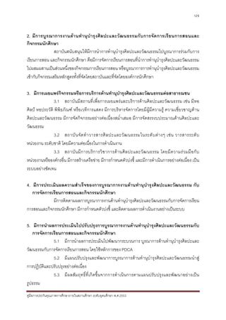 129



2. มีก ารบู ร ณาการงานด า นทํ า นุ บํา รุ ง ศิ ล ปะและวั ฒ นธรรมกั บ การจั ด การเรี ย นการสอนและ
กิจกรรมนักศึกษา
                สถาบันสนับสนุนใหมีการนําการทํานุบํารุงศิลปะและวัฒนธรรมไปบูรณาการรวมกับการ
เรียนการสอน และกิจกรรมนักศึกษา คือมีการจัดการเรียนการสอนที่นําการทํานุบํารุงศิลปะและวัฒนธรรม
ไปผสมผสานเปนสวนหนึ่งของกิจกรรมการเรียนการสอน หรือบูรณาการการทํานุบํารุงศิลปะและวัฒนธรรม
เขากับกิจกรรมเสริมหลักสูตรทั้งที่จัดโดยสถาบันและที่จัดโดยองคการนักศึกษา

3. มีการเผยแพรกิจกรรมหรือการบริการดานทํานุบํารุงศิลปะและวัฒนธรรมตอสาธารณชน
                3.1 สถาบันมีสถานที่เพื่อการเผยแพรและบริการดานศิลปะและวัฒนธรรม เชน มีหอ
ศิลป หอประวัติ พิพิธภัณฑ หรือเวทีการแสดง มีการบริหารจัดการโดยมีผูมีความรู ความเชี่ยวชาญดาน
ศิลปะและวัฒนธรรม มีการจัดกิจกรรมอยางตอเนื่องสม่ําเสมอ มีการจัดสรรงบประมาณดานศิลปะและ
วัฒนธรรม
                3.2 สถาบั น จั ด ทํ า วารสารศิ ล ปะและวั ฒ นธรรมในระดั บ ต า งๆ เช น วารสารระดั บ
หนวยงาน ระดับชาติ โดยมีความตอเนื่องในการดําเนินงาน
                3.3 สถาบั น มี ก ารบริ ก ารวิ ช าการด า นศิ ล ปะและวั ฒ นธรรม โดยมี ค วามร ว มมื อ กั บ
หนวยงานหรือองคกรอื่น มีการสรางเครือขาย มีการกําหนดตัวบงชี้ และมีการดําเนินการอยางตอเนื่อง เปน
ระบบอยางชัดเจน

4. มีการประเมินผลความสําเร็จของการบูรณาการงานดานทํานุบํารุงศิลปะและวัฒนธรรม กับ
   การจัดการเรียนการสอนและกิจกรรมนักศึกษา
             มีการติดตามผลการบูรณาการงานดานทํานุบํารุงศิลปะและวัฒนธรรมกับการจัดการเรียน
การสอนและกิจกรรมนักศึกษา มีการกําหนดตัวบงชี้ และติดตามผลการดําเนินงานอยางเปนระบบ

5. มีการนําผลการประเมินไปปรับปรุงการบูรณาการงานดานทํานุบํารุงศิลปะและวัฒนธรรมกับ
   การจัดการเรียนการสอนและกิจกรรมนักศึกษา
             5.1 มีการนําผลการประเมินไปพัฒนากระบวนการ บูรณาการดานทํานุบํารุงศิลปะและ
วัฒนธรรมกับการจัดการเรียนการสอน โดยใชหลักการของ PDCA
             5.2 มีแผนปรับปรุงและพัฒนาการบูรณาการดานทํานุบํารุงศิลปะและวัฒนธรรมนําสู
การปฏิบติและปรับปรุงอยางตอเนื่อง
        ั
             5.3 มีผลสัมฤทธิ์ที่เกิดขึ้นจากการดําเนินการตามแผนปรับปรุงและพัฒนาอยางเปน
รูปธรรม
คูมือการประกันคุณภาพการศึกษาภายในสถานศึกษา ระดับอุดมศึกษา พ.ศ.2553
 