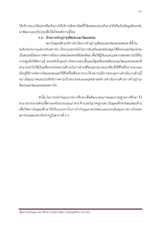 153



ใหบริการแบบใหเปลาหรือเปนการใหบริการเชิงพาณิชยที่ใหผลตอบแทนเปนรายไดหรือเปนขอมูลยอนกลับ
มาพัฒนาและปรับปรุงเพื่อใหเกิดองคความรูใหม
                  2.4) ดานการทํานุบํารุงศิลปะและวัฒนธรรม
                        สถาบันอุดมศึกษามีการดําเนินการทํานุบํารุงศิลปะและวัฒนธรรมของชาติทั้งใน
ระดับหนวยงานและระดับสถาบัน มีระบบและกลไกในการสงเสริมและสนับสนุนใหศิลปะและวัฒนธรรม
เปนสวนหนึ่งของการจัดการเรียนการสอนโดยตรงหรือโดยออม เพื่อใหผูเรียนและบุคลากรของสถาบันไดรับ
การปลูกฝงใหมีความรู ตระหนักถึงคุณคา เกิดความซาบซึ้งและมีสุนทรียะตอศิลปะและวัฒนธรรมของชาติ
สามารถนําไปใชเปนเครื่องจรรโลงความดีงามในการดํารงชีวิตและประกอบอาชีพ มีวิถีชีวิตที่ปรารถนาและ
เรียนรูวิธีการจัดการวัฒนธรรมและวิถีชีวิตที่ไมพึงปรารถนาได สถาบันมีการควบคุมการดําเนินงานดานนี้
อยางมีคุณภาพและประสิทธิภาพตามเปาหมายของแผนยุทธศาสตรการดําเนินงานดานการทํานุบํารุง
ศิลปะและวัฒนธรรมของสถาบัน

                ดังนั้น ในการประกันคุณภาพการศึกษาเพื่อพัฒนาคุณภาพและมาตรฐานการศึกษา จึง
สามารถกระจายตัวบงชี้ตามองคประกอบคุณภาพ 9 ดาน ลงในมาตรฐานสถาบันอุดมศึกษายอยแตละดาน
เพื่อใหสถาบันอุดมศึกษาใชเปนแนวทางในการกํากับดูแล ตรวจสอบและประเมินคุณภาพภายในของ
สถาบันแตละแหง ดังปรากฏในตารางที่ 5.3




คูมือการประกันคุณภาพการศึกษาภายในสถานศึกษา ระดับอุดมศึกษา พ.ศ.2553
 