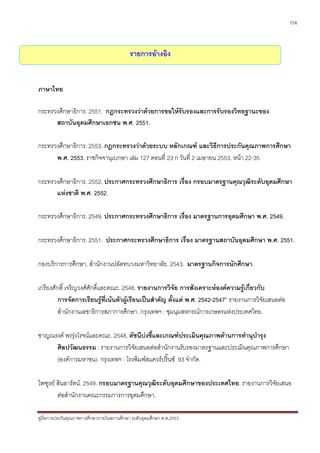 156



                                           รายการอางอิง


ภาษาไทย

กระทรวงศึกษาธิการ. 2551. กฎกระทรวงวาดวยการขอใหรับรองและการรับรองวิทยฐานะของ
      สถาบันอุดมศึกษาเอกชน พ.ศ. 2551.

กระทรวงศึกษาธิการ. 2553. กฎกระทรวงวาดวยระบบ หลักเกณฑ และวิธีการประกันคุณภาพการศึกษา
      พ.ศ. 2553. ราชกิจจานุเบกษา เลม 127 ตอนที่ 23 ก วันที่ 2 เมษายน 2553. หนา 22-35

กระทรวงศึกษาธิการ. 2552. ประกาศกระทรวงศึกษาธิการ เรื่อง กรอบมาตรฐานคุณวุฒิระดับอุดมศึกษา
      แหงชาติ พ.ศ. 2552.

กระทรวงศึกษาธิการ. 2549. ประกาศกระทรวงศึกษาธิการ เรื่อง มาตรฐานการอุดมศึกษา พ.ศ. 2549.

กระทรวงศึกษาธิการ. 2551. ประกาศกระทรวงศึกษาธิการ เรื่อง มาตรฐานสถาบันอุดมศึกษา พ.ศ. 2551.

กองบริการการศึกษา, สํานักงานปลัดทบวงมหาวิทยาลัย. 2543. มาตรฐานกิจการนักศึกษา.

เกรียงศักดิ์ เจริญวงศศักดิ์และคณะ. 2548. รายงานการวิจัย การสังเคราะหองคความรูเกี่ยวกับ
         การจัดการเรียนรูที่เนนตัวผูเรียนเปนสําคัญ ตั้งแต พ.ศ. 2542-2547” รายงานการวิจยเสนอตอ
                                                                                           ั
         สํานักงานเลขาธิการสภาการศึกษา. กรุงเทพฯ : ชุมนุมสหกรณการเกษตรแหงประเทศไทย.

ชาญณรงค พรรุงโรจนและคณะ. 2548. ดัชนีบงชี้และเกณฑประเมินคุณภาพดานการทํานุบารุง
                                                                               ํ
     ศิลปวัฒนธรรม : รายงานการวิจยเสนอตอสํานักงานรับรองมาตรฐานและประเมินคุณภาพการศึกษา
                                    ั
     (องคการมหาชน). กรุงเทพฯ : โรงพิมพสแควรปริ๊นซ 93 จํากัด.

ไพฑูรย สินลารัตน. 2549. กรอบมาตรฐานคุณวุฒิระดับอุดมศึกษาของประเทศไทย. รายงานการวิจยเสนอ
                                                                                    ั
        ตอสํานักงานคณะกรรมการการอุดมศึกษา.

คูมือการประกันคุณภาพการศึกษาภายในสถานศึกษา ระดับอุดมศึกษา พ.ศ.2553
 