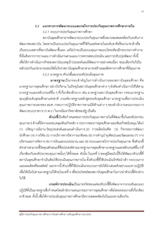 12



              5.2 แนวทางการพัฒนาระบบและกลไกการประกันคุณภาพการศึกษาภายใน
                       5.2.1 ระบบการประกันคุณภาพการศึกษา
                       สถาบันอุดมศึกษาอาจพัฒนาระบบประกันคุณภาพที่เหมาะสมสอดคลองกับระดับการ
พัฒนาของสถาบัน โดยอาจเปนระบบประกันคุณภาพที่ใชกันแพรหลายในระดับชาติหรือนานาชาติ หรือ
เปนระบบเฉพาะที่สถาบันพัฒนาขึ้นเอง แตไมวาจะเปนระบบคุณภาพแบบใดจะตองมีกระบวนการทํางาน
ที่เริ่มตนจากการวางแผน การดําเนินงานตามแผน การตรวจสอบประเมิน และการปรับปรุงพัฒนา ทั้งนี้
เพื่อใหการดําเนินภารกิจของสถาบันบรรลุเปาประสงคและมีพัฒนาการอยางตอเนื่อง ขณะเดียวกันก็เปน
หลักประกันแกสาธารณชนใหมั่นใจวาสถาบันอุดมศึกษาสามารถสรางผลผลิตทางการศึกษาที่มีคุณภาพ
                       5.2.2 มาตรฐาน ตัวบงชี้และเกณฑประเมินคุณภาพ
                             มาตรฐานเป น กรอบสํ า คั ญ ในการดํ า เนิ น งานของสถาบั น อุ ด มศึ ก ษา คื อ
มาตรฐานการอุดมศึกษา อยางไรก็ตาม ในปจจุบันสถาบันอุดมศึกษาตาง ๆ ยังตองดําเนินการใหไดตาม
มาตรฐานและหลักเกณฑอื่น ๆ ที่เกี่ยวของอีกมาก เชน มาตรฐานสถาบันอุดมศึกษา กรอบมาตรฐาน
คุณวุฒิระดับอุดมศึกษาแหงชาติ เกณฑมาตรฐานหลักสูตรระดับอุดมศึกษา มาตรฐานเพื่อการประเมิน
คุณภาพภายนอกของ สมศ. กรอบการปฏิบัติราชการตามมิติดานตาง ๆ ของสํานักงานคณะกรรมการ
พัฒนาระบบราชการ (ก.พ.ร.) ในกรณีมหาวิทยาลัยของรัฐ เปนตน
                            ตัวบงชี้เปนขอกําหนดของการประกันคุณภาพภายในที่พัฒนาขึ้นในองคประกอบ
คุณภาพ 9 ดานที่มีความครอบคลุมพันธกิจหลัก 4 ประการของการอุดมศึกษาและพันธกิจสนับสนุน ไดแก
(1) ปรัชญา ปณิธาน วัตถุประสงคและแผนดําเนินการ (2) การผลิตบัณฑิต (3) กิจกรรมการพัฒนา
นักศึกษา (4) การวิจัย (5) การบริการทางวิชาการแกสังคม (6) การทํานุบํารุงศิลปะและวัฒนธรรม (7) การ
บริหารและการจัดการ (8) การเงินและงบประมาณ และ (9) ระบบและกลไกการประกันคุณภาพ ซึ่งตัวบงชี้
ดังกลาวสามารถชี้วัดคุณลักษณะที่พึงประสงคตามมาตรฐานการอุดมศึกษา มาตรฐานและหลักเกณฑอื่น ๆ ที่
เกี่ยวของกับองคประกอบคุณภาพนั้นๆ ไดทั้งหมด ดังนั้น ในบทที่ 3 ของคูมือฉบับนี้จึงไดพัฒนาตัวบงชี้ที่
สถาบันอุดมศึกษาจําเปนตองใชประเมินคุณภาพภายใน ทั้งตัวบงชี้ที่ใชประเมินปจจัยนําเขา กระบวนการ
และผลผลิตหรือผลลัพธ นอกจากนี้ ตัวบงชี้ที่ใชประเมินกระบวนการยังไดนําเสนอตัวอยางแนวทางปฏิบัติ
เพื่อใหเปนไปตามมาตรฐานไวดวยในบทที่ 4 เพื่อประโยชนของสถาบันอุดมศึกษาในการนําตัวบงชี้ดังกลาว
ไปใช
                            เกณฑการประเมินเปนมาตรวัดของแตละตัวบงชี้ซึ่งพัฒนาจากเกณฑและแนว
ปฏิบติที่เปนมาตรฐานซึ่งกําหนดโดยสํานักงานคณะกรรมการการอุดมศึกษา หรือโดยหนวยงานที่เกี่ยวของ
        ั
อาทิ สมศ. ทั้งนี้ เพื่อใหการประเมินคุณภาพการศึกษามีความสอดคลองไปในแนวทางเดียวกัน



คูมือการประกันคุณภาพการศึกษาภายในสถานศึกษา ระดับอุดมศึกษา พ.ศ.2553
 