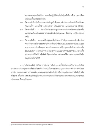 16



                  หนวยงานในสถาบันไดรับทราบและถือปฏิบัติโดยทั่วกันกอนเริ่มปการศึกษา เพราะตอง
                  เก็บขอมูลตั้งแตเดือนมิถุนายน
              D = กิจกรรมขอที่ 2 ดําเนินงานและเก็บขอมูลบันทึกผลการดําเนินงานตั้งแตตนปการศึกษา
                  คือเดือนที่ 1 – เดือนที่ 12 ของปการศึกษา (เดือนมิถุนายน – เดือนพฤษภาคม ปถัดไป)
              C = กิจกรรมขอที่ 3 – 8 ดําเนินการประเมินคุณภาพในระดับภาควิชา คณะวิชาหรือ
                  หนวยงานเทียบเทา และสถาบัน ระหวางเดือนมิถุนายน – สิงหาคม ของปการศึกษา
                  ถัดไป
              A = กิจกรรมขอที่ 9 วางแผนปรับปรุงและดําเนินการปรับปรุงตามผลการประเมิน โดย
                  คณะกรรมการบริหารของสถาบันอุดมศึกษานําขอเสนอแนะและผลการประเมินของ
                  คณะกรรมการประเมินคุณภาพภายในมาวางแผนปรับปรุงการดําเนินงาน (รวมทั้ง
                  ข อ เสนอแนะของสภามหาวิ ท ยาลั ย ) มาทํ า แผนปฏิ บั ติ ก ารประจํ า ป แ ละเสนอตั้ ง
                  งบประมาณปถัดไป หรือจัดทําโครงการพัฒนาและเสนอใชงบประมาณกลางปหรือ
                  งบประมาณพิเศษก็ได

               สํ า หรับ กิ จ กรรมข อ ที่ 10 ในตารางดั ง กล า วเป น กิ จ กรรมที่ส ถาบั น อุ ด มศึ ก ษาทุก แหง ต อ ง
ดํ า เนิ น การตามกฎหมาย เพื่ อ ประโยชน ข องสถาบั น ในการปรั บ ปรุ ง คุ ณ ภาพ และเพื่ อ ประโยชน ข อง
สํานักงานคณะกรรมการการอุดมศึกษาและหนวยงานตนสังกัดใชเปนขอมูลประกอบการตัดสินใจเชิง
นโยบาย เพื่อการสงเสริมสนับสนุนคุณภาพและมาตรฐานการศึกษาของชาติใหทัดเทียมกับนานาอารยะ
ประเทศและมีความเปนสากล




คูมือการประกันคุณภาพการศึกษาภายในสถานศึกษา ระดับอุดมศึกษา พ.ศ.2553
 