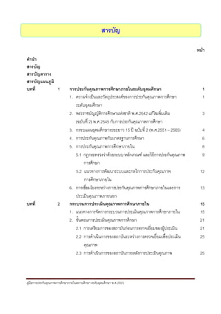  


                                                   สารบัญ
                                                    สารบั ญ


                                                                                             หนา
คํานํา
สารบัญ
สารบัญตาราง
สารบัญแผนภูมิ
บทที่         1              การประกันคุณภาพการศึกษาภายในระดับอุดมศึกษา                        1
                             1. ความจําเปนและวัตถุประสงคของการประกันคุณภาพการศึกษา           1
                                ระดับอุดมศึกษา
                             2. พระราชบัญญัติการศึกษาแหงชาติ พ.ศ.2542 แกไขเพิ่มเติม          3
                                (ฉบับที่ 2) พ.ศ.2545 กับการประกันคุณภาพการศึกษา
                             3. กรอบแผนอุดมศึกษาระยะยาว 15 ป ฉบับที่ 2 (พ.ศ.2551 – 2565)      4
                             4. การประกันคุณภาพกับมาตรฐานการศึกษา                              6
                             5. การประกันคุณภาพการศึกษาภายใน                                   8
                                5.1 กฎกระทรวงวาดวยระบบ หลักเกณฑ และวิธีการประกันคุณภาพ      9
                                     การศึกษา
                                5.2 แนวทางการพัฒนาระบบและกลไกการประกันคุณภาพ                  12
                                     การศึกษาภายใน
                             6. การเชื่อมโยงระหวางการประกันคุณภาพการศึกษาภายในและการ         13
                                ประเมินคุณภาพภายนอก
บทที่                2       กระบวนการประเมินคุณภาพการศึกษาภายใน                              15
                             1. แนวทางการจัดการกระบวนการประเมินคุณภาพการศึกษาภายใน            15
                             2. ขั้นตอนการประเมินคุณภาพการศึกษา                               21
                                2.1 การเตรียมการของสถาบันกอนการตรวจเยี่ยมของผูประเมิน       21
                                2.2 การดําเนินการของสถาบันระหวางการตรวจเยี่ยมเพื่อประเมิน    25
                                     คุณภาพ
                                2.3 การดําเนินการของสถาบันภายหลังการประเมินคุณภาพ             25



คูมือการประกันคุณภาพการศึกษาภายในสถานศึกษา ระดับอุดมศึกษา พ.ศ.2553

 
 