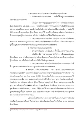 24



                                2) คณะกรรมการประเมินระดับคณะวิชาหรือหนวยงานเทียบเทา
                                   - มีกรรมการประเมินฯ อยางนอย 3 คน ทั้งนี้ ขึ้นอยูกับขนาดของคณะ
วิชาหรือหนวยงานเทียบเทา
                                - เป น ผู ป ระเมิ น จากภายนอกสถาบั น ที่ ผ า นการฝ ก อบรมหลั ก สู ต ร
ผูประเมินของ สกอ. อยางนอย 1 คน ในกรณีที่ผูประเมินจากภายนอกสถาบันเปนผูที่มีความรูและ
ประสบการณสูง ซึ่งสามารถใหคําแนะนําที่จะเปนประโยชนอยางยิ่งตอคณะที่รับการประเมิน อาจอนุโลมให
ไมตองผานการฝกอบรมหลักสูตรผูประเมินของ สกอ. ก็ได สวนผูประเมินจากภายในสถาบันตองผานการ
ฝกอบรมหลักสูตรผูประเมินของ สกอ. หรือที่สถาบันจัดฝกอบรมใหโดยใชหลักสูตรของ สกอ.
                                - ประธานคณะกรรมการประเมินฯ เปนผูประเมินจากภายในหรือนอก
สถาบันก็ได ในกรณีที่เปนผูประเมินภายในสถาบันตองอยูนอกสังกัดคณะที่ประเมิน โดยประธานตองเปน
ผูที่ขึ้นบัญชีประธานคณะกรรมการประเมินคุณภาพการศึกษาภายในของ สกอ.
                             3) คณะกรรมการประเมินระดับสถาบัน
                                - มีกรรมการประเมินฯ อยางนอย 5 คน ทั้งนี้ ขึ้นอยูกับขนาดของสถาบัน
                                - เป น ผู ป ระเมิ น จากภายนอกสถาบั น ที่ ผ า นการฝ ก อบรมหลั ก สู ต ร
ผูประเมินของ สกอ. อยางนอยรอยละ 50 สวนผูประเมินจากภายในสถาบันตองผานการฝกอบรมหลักสูตร
ผูประเมินของ สกอ. หรือที่สถาบันจัดฝกอบรมใหโดยใชหลักสูตรของ สกอ.
                                - ประธานคณะกรรมการประเมินฯ เปนผูประเมินจากภายนอกสถาบันที่
ขึ้นบัญชีประธานคณะกรรมการประเมินคุณภาพการศึกษาภายในของ สกอ.
                          ข. สถาบั น อุ ด มศึ ก ษาแจ ง ให ค ณะกรรมการประเมิ น คุ ณ ภาพทราบว า
คณะกรรมการประเมินฯ จะตองทําการประเมินคุณภาพการศึกษาภายในระดับคณะวิชาหรือหนวยงาน
เทียบเทาและระดับสถาบัน ผานทางระบบ CHE QA Online พรอมทั้งจัดสง username และ password ให
คณะกรรมการประเมินฯ ทุกทานและทุกระดับทราบเพื่อเขาไปศึกษารายงานการประเมินตนเองลวงหนา
กอนวันรับการตรวจเยี่ยมอยางนอย 2 สัปดาห โดยในสวนของผูทําหนาที่ประธานคณะกรรมการประเมิน
คุณภาพการศึกษาภายใน ระดับสถาบัน สถาบันอุดมศึกษาจะตองแจงใหสํานักงานคณะกรรมการการ
อุดมศึกษาจัดสงรหัสประจําตัว (ID code) ใหดวย เพื่อใหประธานฯ ทําหนาที่ตรวจสอบและยืนยันความ
ถูกตองของขอมูลพื้นฐาน (common data set) และผลการประเมินกอนสงรายงานการประเมินคุณภาพ
ของคณะกรรมการประเมินฯ เขาสูระบบ
                             นอกจากนั้น ใหสถาบันแจงรายชื่อผูทําหนาที่ประสานงานระหวางสถาบัน
คณะวิชาหรือหนวยงานเทียบเทากับคณะกรรมการประเมินฯ รวมทั้งเบอรโทรศัพทและ e-mail address
สําหรับติดตอ

คูมือการประกันคุณภาพการศึกษาภายในสถานศึกษา ระดับอุดมศึกษา พ.ศ.2553
 