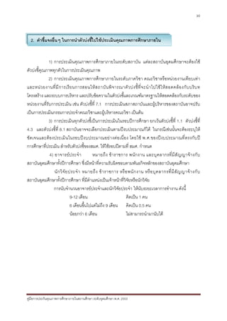 30




  2. คําชี้แจงอื่นๆ ในการนําตัวบงชี้ไปใชประเมินคุณภาพการศึกษาภายใน


             1) การประเมินคุณภาพการศึกษาภายในระดับสถาบัน แตละสถาบันอุดมศึกษาจะตองใช
ตัวบงชี้คุณภาพทุกตัวในการประเมินคุณภาพ
             2) การประเมินคุณภาพการศึกษาภายในระดับภาควิชา คณะวิชาหรือหนวยงานเทียบเทา
และหน ว ยงานที่ มี ก ารเรี ย นการสอนให ส ถาบั น พิ จ ารณาตั ว บ ง ชี้ ที่ จ ะนํ า ไปใช ใ ห ส อดคล อ งกั บ บริ บ ท
โครงสราง และระบบการบริหาร และปรับขอความในตัวบงชี้และเกณฑมาตรฐานใหสอดคลองกับระดับของ
หนวยงานที่รับการประเมิน เชน ตัวบงชี้ที่ 7.1 การประเมินสภาสถาบันและผูบริหารของสถาบันอาจปรับ
เปนการประเมินกรรมการประจําคณะวิชาและผูบริหารคณะวิชา เปนตน
             3) การประเมินทุกตัวบงชี้เปนการประเมินในรอบปการศึกษา ยกเวนตัวบงชี้ที่ 1.1 ตัวบงชี้ที่
4.3 และตัวบงชี้ที่ 8.1 สถาบันอาจจะเลือกประเมินตามปงบประมาณก็ได ในกรณีเชนนั้นจะตองระบุให
ชัดเจนและตองประเมิน ในรอบปง บประมาณอยา งตอเนื่อง โดยใช พ.ศ.ของปงบประมาณที่ ตรงกับป
การศึกษาที่ประเมิน สําหรับตัวบงชี้ของสมศ. ใหใชรอบปตามที่ สมศ. กําหนด
              4) อาจารยป ระจํา              หมายถึ ง ข า ราชการ พนั ก งาน และบุ ค ลากรที่ มีสั ญ ญาจ า งกั บ
สถาบันอุดมศึกษาทั้งปการศึกษา ซึ่งมีหนาที่ความรับผิดชอบตามพันธกิจหลักของสถาบันอุดมศึกษา
                 นั ก วิ จั ย ประจํ า หมายถึ ง ข า ราชการ หรื อ พนั ก งาน หรื อ บุ ค ลากรที่ มี สั ญ ญาจ า งกั บ
สถาบันอุดมศึกษาทั้งปการศึกษา ที่มีตําแหนงเปนเจาหนาที่วิจัยหรือนักวิจัย
                การนับจํานวนอาจารยประจําและนักวิจัยประจํา ใหนับระยะเวลาการทํางาน ดังนี้
                               9-12 เดือน                       คิดเปน 1 คน
                               6 เดือนขึ้นไปแตไมถง 9 เดือน คิดเปน 0.5 คน
                                                   ึ
                               นอยกวา 6 เดือน                 ไมสามารถนํามานับได




คูมือการประกันคุณภาพการศึกษาภายในสถานศึกษา ระดับอุดมศึกษา พ.ศ. 2553
 