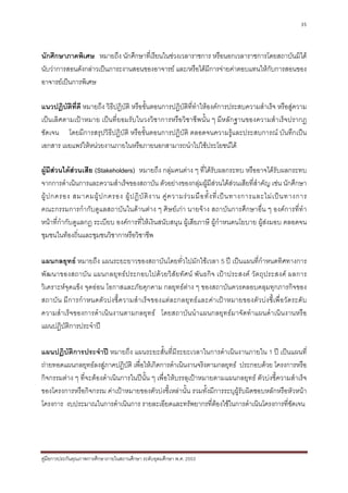 35



นักศึกษาภาคพิเศษ หมายถึง นักศึกษาที่เรียนในชวงเวลาราชการ หรือนอกเวลาราชการโดยสถาบันมิได
นับวาการสอนดังกลาวเปนภาระงานสอนของอาจารย และ/หรือไดมีการจายคาตอบแทนใหกับการสอนของ
อาจารยเปนการพิเศษ

แนวปฏิบัติที่ดี หมายถึง วิธีปฏิบัติ หรือขั้นตอนการปฏิบัติที่ทําใหองคการประสบความสําเร็จ หรือสูความ
เปนเลิศตามเปาหมาย เปนที่ยอมรับในวงวิชาการหรือวิชาชีพนั้น ๆ มีหลักฐานของความสําเร็จปรากฏ
ชัดเจน โดยมีการสรุปวิธีปฏิบัติ หรือขั้นตอนการปฏิบัติ ตลอดจนความรูและประสบการณ บันทึกเปน
เอกสาร เผยแพรใหหนวยงานภายในหรือภายนอกสามารถนําไปใชประโยชนได

ผูมีสวนไดสวนเสีย (Stakeholders) หมายถึง กลุมคนตาง ๆ ที่ไดรับผลกระทบ หรืออาจไดรับผลกระทบ
จากการดําเนินการและความสําเร็จของสถาบัน ตัวอยางของกลุมผูมีสวนไดสวนเสียที่สําคัญ เชน นักศึกษา
ผู ป กครอง สมาคมผู ป กครอง ผู ป ฏิ บั ติ ง าน คู ค วามร ว มมื อ ทั้ ง ที่ เ ป น ทางการและไม เ ป น ทางการ
คณะกรรมการกํากับดูแลสถาบันในดานตาง ๆ ศิษยเกา นายจาง สถาบันการศึกษาอื่น ๆ องคการที่ทํา
หนาที่กํากับดูแลกฎ ระเบียบ องคการที่ใหเงินสนับสนุน ผูเสียภาษี ผูกําหนดนโยบาย ผูสงมอบ ตลอดจน
ชุมชนในทองถิ่นและชุมชนวิชากาหรือวิชาชีพ

แผนกลยุทธ หมายถึง แผนระยะยาวของสถาบันโดยทั่วไปมักใชเวลา 5 ป เปนแผนที่กําหนดทิศทางการ
พัฒนาของสถาบั น แผนกลยุ ทธ ประกอบไปดว ยวิสัย ทั ศน พัน ธกิจ เปา ประสงค วัตถุประสงค ผลการ
วิเคราะหจุดแข็ง จุดออน โอกาสและภัยคุกคาม กลยุทธตาง ๆ ของสถาบันควรคลอบคลุมทุกภารกิจของ
สถาบัน มีการกําหนดตัว บง ชี้ความสํา เร็จของแต ละกลยุท ธและคาเป า หมายของตัวบ ง ชี้ เ พื่อวั ดระดับ
ความสําเร็จของการดําเนินงานตามกลยุทธ โดยสถาบันนําแผนกลยุทธมาจัดทําแผนดําเนินงานหรือ
แผนปฏิบัติการประจําป

แผนปฏิบัติการประจําป หมายถึง แผนระยะสั้นที่มีระยะเวลาในการดําเนินงานภายใน 1 ป เปนแผนที่
ถายทอดแผนกลยุทธลงสูภาคปฎิบัติ เพื่อใหเกิดการดําเนินงานจริงตามกลยุทธ ประกอบดวย โครงการหรือ
กิจกรรมตาง ๆ ที่จะตองดําเนินการในปนั้น ๆ เพื่อใหบรรลุเปาหมายตามแผนกลยุทธ ตัวบงชี้ความสําเร็จ
ของโครงการหรือกิจกรรม คาเปาหมายของตัวบงชี้เหลานั้น รวมทั้งมีการระบุผูรับผิดชอบหลักหรือหัวหนา
โครงการ งบประมาณในการดําเนินการ รายละเอียดและทรัพยากรที่ตองใชในการดําเนินโครงการที่ชัดเจน




คูมือการประกันคุณภาพการศึกษาภายในสถานศึกษา ระดับอุดมศึกษา พ.ศ. 2553
 