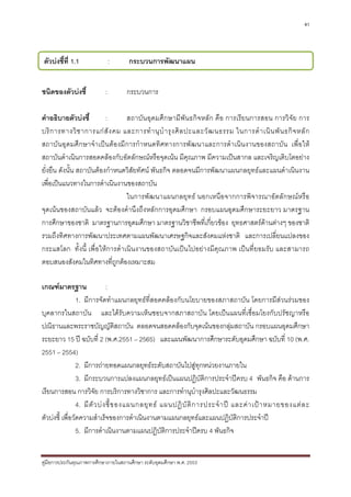 41




ตัวบงชี้ที่ 1.1               :      กระบวนการพัฒนาแผน


ชนิดของตัวบงชี้           :         กระบวนการ

คําอธิบายตัวบงชี้        :      สถาบันอุดมศึกษามีพันธกิจหลัก คือ การเรียนการสอน การวิจัย การ
บริ ก ารทางวิ ช าการแก สั ง คม และการทํ า นุ บํ า รุ ง ศิ ล ปะและวั ฒ นธรรม ในการดํ า เนิ น พั น ธกิ จ หลั ก
สถาบันอุดมศึกษาจําเปนตองมีการกําหนดทิศทางการพัฒนาและการดําเนินงานของสถาบัน เพื่อให
สถาบันดําเนินการสอดคลองกับอัตลักษณหรือจุดเนน มีคุณภาพ มีความเปนสากล และเจริญเติบโตอยาง
ยั่งยืน ดังนั้น สถาบันตองกําหนดวิสัยทัศน พันธกิจ ตลอดจนมีการพัฒนาแผนกลยุทธและแผนดําเนินงาน
เพื่อเปนแนวทางในการดําเนินงานของสถาบัน
                                 ในการพัฒนาแผนกลยุทธ นอกเหนือจากการพิจารณาอัตลักษณหรือ
จุดเนนของสถาบันแลว จะตองคํานึงถึงหลักการอุดมศึกษา กรอบแผนอุดมศึกษาระยะยาว มาตรฐาน
การศึกษาของชาติ มาตรฐานการอุดมศึกษา มาตรฐานวิชาชีพที่เกี่ยวของ ยุทธศาสตรดานตางๆ ของชาติ
รวมถึงทิศทางการพัฒนาประเทศตามแผนพัฒนาเศรษฐกิจและสังคมแหงชาติ และการเปลี่ยนแปลงของ
กระแสโลก ทั้งนี้ เพื่อใหการดําเนินงานของสถาบันเปนไปอยางมีคุณภาพ เปนที่ยอมรับ และสามารถ
ตอบสนองสังคมในทิศทางที่ถูกตองเหมาะสม

เกณฑมาตรฐาน                     :
                 1. มีการจัดทําแผนกลยุทธที่สอดคลองกับนโยบายของสภาสถาบัน โดยการมีสวนรวมของ
บุคลากรในสถาบัน และไดรับความเห็นชอบจากสภาสถาบัน โดยเปนแผนที่เชื่อมโยงกับปรัชญาหรือ
ปณิธานและพระราชบัญญัติสถาบัน ตลอดจนสอดคลองกับจุดเนนของกลุมสถาบัน กรอบแผนอุดมศึกษา
ระยะยาว 15 ป ฉบับที่ 2 (พ.ศ.2551 – 2565) และแผนพัฒนาการศึกษาระดับอุดมศึกษา ฉบับที่ 10 (พ.ศ.
2551 – 2554)
                 2. มีการถายทอดแผนกลยุทธระดับสถาบันไปสูทุกหนวยงานภายใน
                 3. มีกระบวนการแปลงแผนกลยุทธเปนแผนปฏิบัติการประจําปครบ 4 พันธกิจ คือ ดานการ
เรียนการสอน การวิจัย การบริการทางวิชาการ และการทํานุบํารุงศิลปะและวัฒนธรรม
                 4. มี ตั ว บ ง ชี้ ข องแผนกลยุ ท ธ แผนปฏิ บั ติ ก ารประจํ า ป และค า เป า หมายของแต ล ะ
ตัวบงชี้ เพื่อวัดความสําเร็จของการดําเนินงานตามแผนกลยุทธและแผนปฏิบัติการประจําป
                 5. มีการดําเนินงานตามแผนปฏิบัตการประจําปครบ 4 พันธกิจ
                                                       ิ


คูมือการประกันคุณภาพการศึกษาภายในสถานศึกษา ระดับอุดมศึกษา พ.ศ. 2553
 