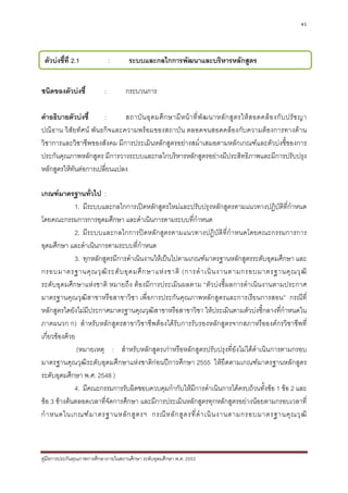 45




 ตัวบงชี้ที่ 2.1              :      ระบบและกลไกการพัฒนาและบริหารหลักสูตร


ชนิดของตัวบงชี้           :         กระบวนการ

คําอธิบายตัวบงชี้     :      สถาบั น อุ ด มศึ ก ษามี ห น า ที่ พั ฒ นาหลั ก สู ต รให ส อดคล อ งกั บ ปรั ช ญา
ปณิธาน วิสัยทัศน พันธกิจและความพรอมของสถาบัน ตลอดจนสอดคลองกับความตองการทางดาน
วิชาการและวิชาชีพของสังคม มีการประเมินหลักสูตรอยางสม่ําเสมอตามหลักเกณฑและตัวบงชี้ของการ
ประกันคุณภาพหลักสูตร มีการวางระบบและกลไกบริหารหลักสูตรอยางมีประสิทธิภาพและมีการปรับปรุง
หลักสูตรใหทันตอการเปลี่ยนแปลง

เกณฑมาตรฐานทั่วไป :
              1. มีระบบและกลไกการเปดหลักสูตรใหมและปรับปรุงหลักสูตรตามแนวทางปฏิบัติที่กําหนด
โดยคณะกรรมการการอุดมศึกษา และดําเนินการตามระบบที่กําหนด
              2. มีระบบและกลไกการปดหลักสูตรตามแนวทางปฏิบัติที่กําหนดโดยคณะกรรมการการ
อุดมศึกษา และดําเนินการตามระบบที่กําหนด
              3. ทุกหลักสูตรมีการดําเนินงานใหเปนไปตามเกณฑมาตรฐานหลักสูตรระดับอุดมศึกษา และ
กรอบมาตรฐานคุ ณ วุ ฒิ ร ะดั บ อุ ด มศึ ก ษาแห ง ชาติ (การดํ า เนิ น งานตามกรอบมาตรฐานคุ ณ วุ ฒิ
ระดับอุดมศึกษาแหงชาติ หมายถึง ตองมีการประเมินผลตาม “ตัวบงชี้ผลการดําเนินงานตามประกาศ
มาตรฐานคุณวุฒิสาขาหรือสาขาวิชา เพื่อการประกันคุณภาพหลักสูตรและการเรียนการสอน” กรณีที่
หลักสูตรใดยังไมมีประกาศมาตรฐานคุณวุฒิสาขาหรือสาขาวิชา ใหประเมินตามตัวบงชี้กลางที่กําหนดใน
ภาคผนวก ก) สําหรับหลักสูตรสาขาวิชาชีพตองไดรับการรับรองหลักสูตรจากสภาหรือองคกรวิชาชีพที่
เกี่ยวของดวย
               (หมายเหตุ : สําหรับหลักสูตรเกาหรือหลักสูตรปรับปรุงที่ยังไมไดดําเนินการตามกรอบ
มาตรฐานคุณวุฒิระดับอุดมศึกษาแหงชาติกอนปการศึกษา 2555 ใหยึดตามเกณฑมาตรฐานหลักสูตร
ระดับอุดมศึกษา พ.ศ. 2548 )
              4. มีคณะกรรมการรับผิดชอบควบคุมกํากับใหมีการดําเนินการไดครบถวนทั้งขอ 1 ขอ 2 และ
ขอ 3 ขางตนตลอดเวลาที่จัดการศึกษา และมีการประเมินหลักสูตรทุกหลักสูตรอยางนอยตามกรอบเวลาที่
กํ า หนดในเกณฑ ม าตรฐานหลั ก สู ต รฯ กรณี ห ลั ก สู ต รที่ ดํ า เนิ น งานตามกรอบมาตรฐานคุ ณ วุ ฒิ



คูมือการประกันคุณภาพการศึกษาภายในสถานศึกษา ระดับอุดมศึกษา พ.ศ. 2553
 