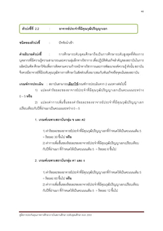 48




  ตัวบงชี้ที่ 2.2          :        อาจารยประจําที่มีคุณวุฒิปริญญาเอก


ชนิดของตัวบงชี้           :         ปจจัยนําเขา

คําอธิบายตัวบงชี้       :       การศึ ก ษาระดั บ อุ ด มศึ ก ษาถื อ เป น การศึ ก ษาระดั บ สู ง สุ ด ที่ ต อ งการ
บุคลากรที่มีความรูความสามารถและความลุมลึกทางวิชาการ เพื่อปฏิบัติพันธกิจสําคัญของสถาบันในการ
ผลิตบัณฑิต ศึกษาวิจัยเพื่อการติดตามความกาวหนาทางวิชาการและการพัฒนาองคความรู ดังนั้น สถาบัน
จึงควรมีอาจารยที่มีระดับคุณวุฒิทางการศึกษาในสัดสวนที่เหมาะสมกับพันธกิจหรือจุดเนนของสถาบัน

เกณฑการประเมิน : สถาบันสามารถเลือกใชเกณฑการประเมินจาก 2 แนวทางตอไปนี้
            1) แปลงค า ร อ ยละของอาจารย ป ระจํ า ที่ มี คุ ณ วุ ฒิ ป ริ ญ ญาเอกเป น คะแนนระหว า ง
0 – 5 หรือ
            2) แปลงค า การเพิ่ ม ขึ้ น ของค า ร อ ยละของอาจารย ป ระจํ า ที่ มี คุ ณ วุ ฒิ ป ริ ญ ญาเอก
เปรียบเทียบกับปที่ผานมาเปนคะแนนระหวาง 0 – 5
                    

              1. เกณฑเฉพาะสถาบันกลุม ข และ ค2

                     1) คารอยละของอาจารยประจําที่มีคุณวุฒิปริญญาเอกที่กาหนดใหเปนคะแนนเต็ม 5
                                                                          ํ
                     = รอยละ 30 ขึ้นไป หรือ
                     2) คาการเพิ่มขึ้นของรอยละของอาจารยประจําทีมคุณวุฒิปริญญาเอกเปรียบเทียบ
                                                                  ่ ี
                     กับปที่ผานมา ที่กาหนดใหเปนคะแนนเต็ม 5 = รอยละ 6 ขึ้นไป
                                       ํ

              2. เกณฑเฉพาะสถาบันกลุม ค1 และ ง

                     1) คารอยละของอาจารยประจําที่มีคุณวุฒิปริญญาเอกที่กาหนดใหเปนคะแนนเต็ม 5
                                                                           ํ
                     = รอยละ 60 ขึ้นไป หรือ
                     2) คาการเพิ่มขึ้นของรอยละของอาจารยประจําทีมีคุณวุฒิปริญญาเอกเปรียบเทียบ
                                                                  ่
                     กับปที่ผานมา ที่กาหนดใหเปนคะแนนเต็ม 5 = รอยละ 12 ขึ้นไป
                                       ํ




คูมือการประกันคุณภาพการศึกษาภายในสถานศึกษา ระดับอุดมศึกษา พ.ศ. 2553
 