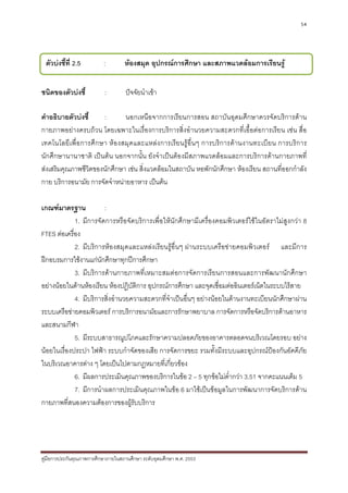 54




 ตัวบงชี้ที่ 2.5          :        หองสมุด อุปกรณการศึกษา และสภาพแวดลอมการเรียนรู


ชนิดของตัวบงชี้           :         ปจจัยนําเขา

คําอธิบายตัวบงชี้     :       นอกเหนือจากการเรียนการสอน สถาบันอุดมศึกษาควรจัดบริการดาน
กายภาพอยางครบถวน โดยเฉพาะในเรื่องการบริการสิ่งอํานวยความสะดวกที่เอื้อตอการเรียน เชน สื่อ
เทคโนโลยี เพื่อการศึก ษา ห องสมุดและแหลงการเรียนรูอื่น ๆ การบริก ารดานงานทะเบี ย น การบริก าร
นักศึกษานานาชาติ เปนตน นอกจากนั้น ยังจําเปนตองมีสภาพแวดลอมและการบริการดานกายภาพที่
สงเสริมคุณภาพชีวิตของนักศึกษา เชน สิ่งแวดลอมในสถาบัน หอพักนักศึกษา หองเรียน สถานที่ออกกําลัง
กาย บริการอนามัย การจัดจําหนายอาหาร เปนตน

เกณฑมาตรฐาน            :
             1. มีการจัดการหรือจัดบริการเพื่อใหนักศึกษามีเครื่องคอมพิวเตอรใชในอัตราไมสูงกวา 8
FTES ตอเครื่อง
             2. มีบริการหองสมุดและแหลงเรียนรูอื่นๆ ผานระบบเครือขายคอมพิวเตอร และมีการ
ฝกอบรมการใชงานแกนักศึกษาทุกปการศึกษา
             3. มีบริการดานกายภาพที่เหมาะสมตอการจัดการเรียนการสอนและการพัฒนานักศึกษา
อยางนอยในดานหองเรียน หองปฏิบัติการ อุปกรณการศึกษา และจุดเชื่อมตออินเตอรเน็ตในระบบไรสาย
             4. มีบริการสิ่งอํานวยความสะดวกที่จําเปนอื่นๆ อยางนอยในดานงานทะเบียนนักศึกษาผาน
ระบบเครือขายคอมพิวเตอร การบริการอนามัยและการรักษาพยาบาล การจัดการหรือจัดบริการดานอาหาร
และสนามกีฬา
             5. มีระบบสาธารณูปโภคและรักษาความปลอดภัยของอาคารตลอดจนบริเวณโดยรอบ อยาง
นอยในเรื่องประปา ไฟฟา ระบบกําจัดของเสีย การจัดการขยะ รวมทั้งมีระบบและอุปกรณปองกันอัคคีภัย
ในบริเวณอาคารตาง ๆ โดยเปนไปตามกฎหมายที่เกี่ยวของ
             6. มีผลการประเมินคุณภาพของบริการในขอ 2 – 5 ทุกขอไมต่ํากวา 3.51 จากคะแนนเต็ม 5
             7. มีการนําผลการประเมินคุณภาพในขอ 6 มาใชเปนขอมูลในการพัฒนาการจัดบริการดาน
กายภาพที่สนองความตองการของผูรับบริการ




คูมือการประกันคุณภาพการศึกษาภายในสถานศึกษา ระดับอุดมศึกษา พ.ศ. 2553
 