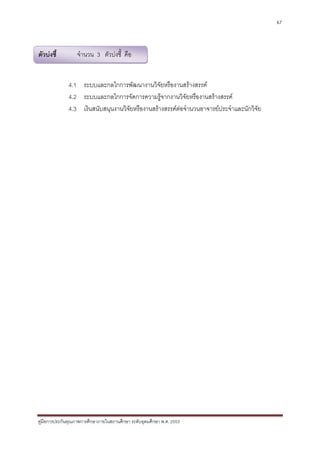 67




ตัวบงชี้         จํานวน 3 ตัวบงชี้ คือ


              4.1 ระบบและกลไกการพัฒนางานวิจัยหรืองานสรางสรรค
              4.2 ระบบและกลไกการจัดการความรูจากงานวิจัยหรืองานสรางสรรค
              4.3 เงินสนับสนุนงานวิจัยหรืองานสรางสรรคตอจํานวนอาจารยประจําและนักวิจัย




คูมือการประกันคุณภาพการศึกษาภายในสถานศึกษา ระดับอุดมศึกษา พ.ศ. 2553
 