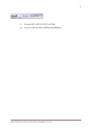 76




 ตัวบงชี้         จํานวน 2 ตัวบงชี้ คือ


              5.1 ระบบและกลไกการบริการทางวิชาการแกสงคม
                                                      ั
              5.2 กระบวนการบริการทางวิชาการใหเกิดประโยชนตอสังคม




คูมือการประกันคุณภาพการศึกษาภายในสถานศึกษา ระดับอุดมศึกษา พ.ศ. 2553
 