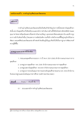 79



 องคประกอบที่ 6 การทํานุบํารุงศิลปะและวัฒนธรรม


 หลักการ

                 การทํานุบํารุงศิลปะและวัฒนธรรมถือเปนพันธกิจสําคัญประการหนึ่งของสถาบันอุดมศึกษา
ดังนั้น สถาบันอุดมศึกษาจึงตองมีระบบและกลไกการดําเนินงานดานนี้ใหเปนไปอยางมีประสิทธิภาพและ
คุณภาพ โดยอาจมีจุดเนนเฉพาะที่แตกตางกันตามปรัชญา และธรรมชาติของแตละสถาบัน และมีการบูร
ณาการเขากับพันธกิจอื่นๆ โดยเฉพาะการผลิตบัณฑิต รวมทั้งมีการจัดกิจกรรมที่ฟนฟู อนุรักษ สืบสาน
พัฒนา เผยแพรศิลปะและวัฒนธรรม สรางสรรค สงเสริมภูมิปญญาทองถิ่นใหเปนรากฐานการพัฒนาองค
ความรูที่ดีขึ้น


 มาตรฐานและเอกสารที่เกี่ยวของ


              1. กรอบแผนอุดมศึกษาระยะยาว 15 ป (พ.ศ. 2551-2565) สํานักงานคณะกรรมการการ
อุดมศึกษา
           2. มาตรฐานการอุดมศึกษา พ.ศ. 2549 สํานักงานคณะกรรมการการอุดมศึกษา
           3. มาตรฐานสถาบันอุดมศึกษา พ.ศ.2551 สํานักงานคณะกรรมการการอุดมศึกษา
           4. มาตรฐานการประเมินคุณภาพภายนอกระดับอุดมศึกษารอบสาม พ.ศ. 2553 สํานักงาน
รับรองมาตรฐานและประเมินคุณภาพการศึกษา (องคการมหาชน) (สมศ.)


 ตัวบงชี้          จํานวน 1 ตัวบงชี้ คือ

              6.1 ระบบและกลไกการทํานุบํารุงศิลปะและวัฒนธรรม




คูมือการประกันคุณภาพการศึกษาภายในสถานศึกษา ระดับอุดมศึกษา พ.ศ. 2553
 