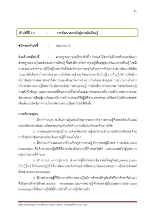 85




ตัวบงชี้ที่ 7.2            :        การพัฒนาสถาบันสูสถาบันเรียนรู


ชนิดของตัวบงชี้             :       กระบวนการ

คําอธิบายตัวบงชี้       :      มาตรฐานการอุดมศึกษาขอที่ 3 กําหนดใหสถาบันมีการสรางและพัฒนา
สังคมฐานความรูและสังคมแหงการเรียนรู ซึ่งตองมีการจัดการความรูเพื่อมุงสูสถาบันแหงการเรียนรู โดยมี
การรวบรวมองคความรูที่มีอยูในสถาบันซึ่งกระจัดกระจายอยูในตัวบุคคลหรือเอกสารมาพัฒนาใหเปน
ระบบ เพื่อใหทุกคนในสถาบันสามารถเขาถึงความรู และพัฒนาตนเองใหเปนผูรู รวมทั้งปฏิบัติงานไดอยาง
มีประสิทธิภาพ อันจะสงผลใหสถาบันอุดมศึกษามีความสามารถในเชิงแขงขันสูงสุด กระบวนการในการ
บริหารจัดการความรูในสถาบัน ประกอบดวย การระบุความรู การคัดเลือก การรวบรวม การจัดเก็บความรู
การเขาถึงขอมูล และการแลกเปลี่ยนความรูทั้งภายในและภายนอกสถาบัน การสรางบรรยากาศและ
วัฒนธรรมการเรียนรูภายในสถาบัน การกําหนดแนววิธีปฏิบัติงาน ตลอดจนการใชเทคโนโลยีสารสนเทศ
เพื่อเพิ่มประสิทธิภาพการบริหารจัดการความรูในสถาบันใหดียิ่งขึ้น

เกณฑมาตรฐาน                :
               1. มีการกําหนดประเด็นความรูและเปาหมายของการจัดการความรูที่สอดคลองกับแผน
กลยุทธของสถาบันอยางนอยครอบคลุมพันธกิจดานการผลิตบัณฑิตและดานการวิจัย
               2. กําหนดบุคลากรกลุมเปาหมายที่จะพัฒนาความรูและทักษะดานการผลิตบัณฑิตและดาน
การวิจัยอยางชัดเจนตามประเด็นความรูที่กําหนดในขอ 1
               3. มีการแบง ปนและแลกเปลี่ยนเรียนรูจากความรู ทักษะของผูมีประสบการณตรง (tacit
knowledge) เพื่อคนหาแนวปฏิ บัติที่ดีตามประเด็นความรูที่กําหนดในขอ 1 และเผยแพรไปสูบุคลากร
กลุมเปาหมายที่กําหนด
               4. มีการรวบรวมความรูตามประเด็นความรูที่กําหนดในขอ 1 ทั้งที่มีอยูในตัวบุคคลและแหลง
เรียนรูอ่ืนๆ ที่เปนแนวปฏิบัติที่ดีมาพัฒนาและจัดเก็บอยางเปนระบบโดยเผยแพรออกมาเปนลายลักษณ
อักษร (explicit knowledge)
               5. มีการนําความรูที่ไดจากการจัดการความรูในปการศึกษาปจจุบันหรือปการศึกษาที่ผานมา
ที่เปนลายลักษณอักษร (explicit knowledge) และจากความรู ทักษะของผูมีประสบการณตรง (tacit
knowledge) ที่เปนแนวปฏิบัติที่ดีมาปรับใชในการปฏิบัตงานจริง
                                                      ิ


คูมือการประกันคุณภาพการศึกษาภายในสถานศึกษา ระดับอุดมศึกษา พ.ศ. 2553
 