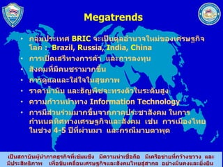 Megatrends กลุ่มประเทศ  BRIC   จะเป็นดุลอำนาจใหม่ของเศรษฐกิจโลก   :  B razil,  R ussia,  I ndia,  C hina การเปิดเสรีทางการค้า  และการลงทุน สังคมที่มีคนชรามากขึ้น การดูแลและใส่ใจในสุขภาพ ราคาน้ำมัน และธัญพืชจะทรงตัวในระดับสูง ความก้าวหน้าทาง  Information Technology การมีส่วนร่วมมากขึ้นจากภาคประชาสังคม ในการกำหนดทิศทางเศรษฐกิจและสังคม  เช่น  การเมืองไทยในช่วง  4-5  ปีที่ผ่านมา  และกรณีมาบตาพุด 