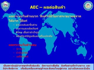 AEC –  ผลต่อสินค้า ผลกระทบในด้านบวก  สินค้าที่มีโอกาสจะขยายตลาด  ได้มาก ได้แก่  - ยานยนต์และชิ้นส่วน - อาหารและผลิตภัณฑ์ - สิ่งทอ เสื้อผ้าสำเร็จรูป - ผลิตภัณฑ์อัญมณีและเครื่องประดับ ผลกระทบในด้านลบ - ข้าวขาว -  น้ำมันปาล์ม - เมล็ดกาแฟ   