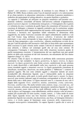 “giusto”, cioè canonico e convenzionale, di nominare le cose (Munari A. 1997;
Dallari M. 2000). Resta evidente come l’uso di materiali narrativi e la valorizzazione
di un clima narrativo in educazione valorizzino e rinforzino il pensiero metaforico e
simbolico dei partecipanti al setting educativo, sia questo familiare o scolastico.
La capacità e l’abitudine ad utilizzare un pensiero metaforico nell’incontro con i
materiali simbolici consolidati all’interno dell’universo culturale d’appartenenza,
genera il pensiero figurale. La dimensione immaginale, e l’immaginario che si genera
e si alimenta da essa, è costituita da quelle figure che consentono all’inconscio e alla
coscienza di dialogare e rimanere in rapporto costruttivo per la costruzione sempre
“in farsi” (autopoiesi) delle rappresentazioni del mondo e delle rappresentazioni di sé.
Coscienza e inconscio non riguardano infatti solamente la dimensione della
soggettività, ma anche l’universo cosciente dei saperi culturalmente condivisi e ciò
che Carl Gustav Jung definisce inconscio collettivo. L’universo dei simboli
(mitologici e non solo) corrisponde in larga misura alla dimensione immaginale, e
viene da Jung paragonata a una costellazione. «Questa costellazione avviene da un
lato per l’attività specifica dell’inconscio e dall’altro in forza dello stato momentaneo
della coscienza la quale stimola anche sempre l’attività di materiali subliminali ad
essa attinenti, e inibisce nel contempo quelli che ad essa sono estranei. Di
conseguenza l’immagine è espressione tanto della situazione inconscia quanto di
quella momentanea cosciente. L’interpretazione del suo significato non può quindi
partire né dalla sola coscienza né dal solo inconscio, ma unicamente dal loro mutuo
rapporto» (Jung C. G. 1921).
Per chiarire l’idea di figura in relazione al problema della conoscenza possiamo
esaminarne tre tipi esemplari: la figura geometrica, la figura retorica, la figura
musicale. Le figure geometriche sono forme astratte, caratterizzate da una struttura
che le rende descrivibili e individuabili nella loro regolarità e alle quali possono
essere ricondotti oggetti e situazioni concrete. Le figure geometriche consentono di
classificare, riconoscere, descrivere, ma anche produrre e “fabbricare” i contorni di
qualsiasi oggetto. Ma non sono soltanto oggetti e situazioni statiche ad essere
riconducibili alla dimensione figurale: essa è rintracciabile anche in situazioni
dinamiche, nella danza, nello sport, in molti giochi rituali nuovi e arcaici. Le figure
musicali sono termini indicanti segni di notazione corrispondenti ai diversi valori di
durata delle note e delle pause. Le figure musicali sono 8, e ciascuna di esse vale il
doppio della seguente: breve, semibreve, minima, semiminima, croma, semicroma,
biscroma, semibiscroma. Ma anche termini come andante, largo, crescendo ecc., nel
lessico musicale, utilizzano procedimenti tipicamente metaforico-figurali. Le figure
retoriche possono essere intese in due modi differenti anche se interagenti: l’uno
vede la figura, nel linguaggio, come abbellimento, artificio retorico volto ad ornare e
rendere più accattivante un testo (scritto, visuale, sonoro…): l’altro modo di essere
delle figure riguarda invece una loro funzione simbolica, e si ha quando una
produzione figurale (un concetto, una descrizione, una frase, un’immagine letteraria o
visiva…) si rivela capace di funzionare come strumento della comprensione e
congegno metacognitivo irrinunciabile. Un sapere figurale è quello che si serve di
 