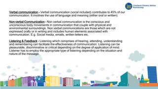 Verbal communication – Verbal communication (vocal included) contributes to 45% of our
communication. It involves the use of language and meaning (either oral or written).
Non-verbal Communication – Non verbal communication is the conscious and
unconscious body movements in communication that couple with physical and
environmental surroundings. Non verbal communications are those which are not
expressed orally or in writing and includes human elements associated with
communication. E.g. Social media, emails, written letters etc.
Listening & Feedback – Listening which comprises of hearing, attending, understanding
and remembering can facilitate the effectiveness of communication. Listening can be
pleasurable, discriminative or critical depending on the degree of application of mind.
Listener has to employ the appropriate type of listening depending on the situation and
nature of the message.
 