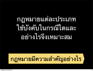 กฎหมายแต่ละประเภท
                        ใช้บังคับในกรณีใดและ
                         อย่างไรจึงเหมาะสม


                 กฎหมายมีความสําคัญอย่างไร
Tuesday, 29 June 2010                          6
 