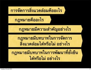 การจัดการสิ่งแวดล้อมคืออะไร

                        กฎหมายคืออะไร

                         กฎหมายมีความสําคัญอย่างไร

                         กฎหมายมีบทบาทในการจัดการ
                          สิ่งแวดล้อมได้หรือไม่ อย่างไร

                    กฎหมายมีบทบาทในการพัฒนาที่ยั่งยืน
                           ได้หรือไม่ อย่างไร

Tuesday, 29 June 2010                                     9
 