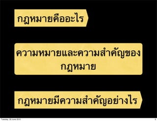 กฎหมายคืออะไร


               ความหมายและความสําคัญของ
                       กฎหมาย


                 กฎหมายมีความสําคัญอย่างไร
Tuesday, 29 June 2010                        3
 