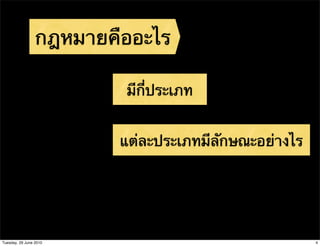 กฎหมายคืออะไร

                         มีกี่ประเภท


                         แต่ละประเภทมีลักษณะอย่างไร




Tuesday, 29 June 2010                                 4
 