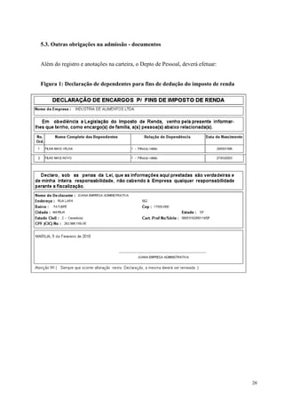 20
5.3. Outras obrigações na admissão - documentos
Além do registro e anotações na carteira, o Depto de Pessoal, deverá efetuar:
Figura 1: Declaração de dependentes para fins de dedução do imposto de renda
 