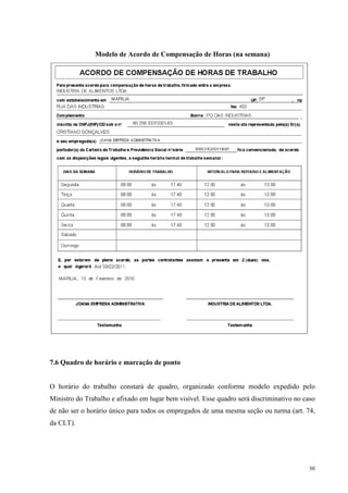 30
Modelo de Acordo de Compensação de Horas (na semana)
7.6 Quadro de horário e marcação de ponto
O horário do trabalho constará de quadro, organizado conforme modelo expedido pelo
Ministro do Trabalho e afixado em lugar bem visível. Esse quadro será discriminativo no caso
de não ser o horário único para todos os empregados de uma mesma seção ou turma (art. 74,
da CLT).
 