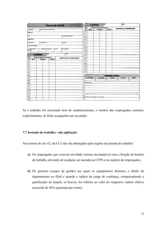32
Se o trabalho for executado fora do estabelecimento, o horário dos empregados constará,
explicitamente, de ficha ou papeleta em seu poder.
7.7 Jornada de trabalho - não aplicação
Nos termos do art. 62, da CLT não são abrangidos pelo regime de jornada de trabalho:
a) Os empregados que exercem atividade externa incompatível com a fixação de horário
de trabalho, devendo tal condição ser anotada na CTPS e no registro de empregados;
b) Os gerentes (cargos de gestão) aos quais se equiparamos diretores e chefes de
departamento ou filial e quando o salário do cargo de confiança, compreendendo a
gratificação de função, se houver, for inferior ao valor do respectivo salário efetivo
acrescido de 40% (quarenta por cento).
 