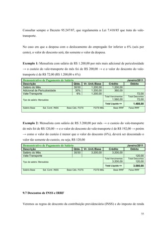 55
Consultar sempre o Decreto 95.247/87, que regulamenta a Lei 7.418/85 que trata do vale-
transporte.
No caso em que a despesa com o deslocamento do empregado for inferior a 6% (seis por
cento), o valor do desconto será, tão somente o valor da despesa.
Exemplo 1: Mensalista com salário de R$ 1.200,00 por mês mais adicional de periculosidade
→ o custeio do vale-transporte do mês foi de R$ 200,00 → e o valor do desconto do vale-
transporte é de R$ 72,00 (R$ 1.200,00 x 6%)
Demonstrativo de Pagamento de Salário Janeiro/2011
Descrição Qtde. Vr. Unit./Base Crédito Débito
Salário do Mês 30/30 1.200,00 1.200,00
Adicional de Periculosidade 30% 1.200,00 360,00
Vale-Transporte 6% 1.200,00 72,00
Total Vencimentos
1.560,00
Total Descontos
72,00Tipo de salário: Mensalista
Total Liquido => 1.488,00
Salário Base Sal. Contr. INSS Base Cálc. FGTS FGTS Mês Base IRRF Faixa IRRF
Exemplo 2: Mensalista com salário de R$ 3.200,00 por mês → o custeio do vale-transporte
do mês foi de R$ 120,00 → e o valor do desconto do vale-transporte é de R$ 192,00 → porém
→ como o valor do custeio é menor que o valor do desconto (6%), deverá ser descontado o
valor tão somente do custeio, ou seja, R$ 120,00
Demonstrativo de Pagamento de Salário Janeiro/2011
Descrição Qtde. Vr. Unit./Base Crédito Débito
Salário do Mês 30/30 3.200,00 3.200,00
Vale-Transporte 120,00
Total Vencimentos
3.200,00
Total Descontos
120,00Tipo de salário: Mensalista
Total Liquido => 3.080,00
Salário Base Sal. Contr. INSS Base Cálc. FGTS FGTS Mês Base IRRF Faixa IRRF
9.7 Descontos de INSS e IRRF
Veremos as regras de desconto da contribuição previdenciária (INSS) e do imposto de renda
 