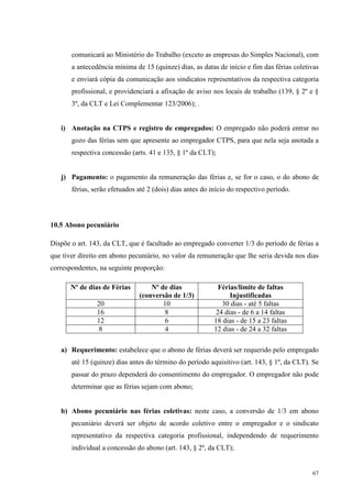 67
comunicará ao Ministério do Trabalho (exceto as empresas do Simples Nacional), com
a antecedência mínima de 15 (quinze) dias, as datas de início e fim das férias coletivas
e enviará cópia da comunicação aos sindicatos representativos da respectiva categoria
profissional, e providenciará a afixação de aviso nos locais de trabalho (139, § 2º e §
3º, da CLT e Lei Complementar 123/2006); .
i) Anotação na CTPS e registro de empregados: O empregado não poderá entrar no
gozo das férias sem que apresente ao empregador CTPS, para que nela seja anotada a
respectiva concessão (arts. 41 e 135, § 1º da CLT);
j) Pagamento: o pagamento da remuneração das férias e, se for o caso, o do abono de
férias, serão efetuados até 2 (dois) dias antes do início do respectivo período.
10.5 Abono pecuniário
Dispõe o art. 143, da CLT, que é facultado ao empregado converter 1/3 do período de férias a
que tiver direito em abono pecuniário, no valor da remuneração que lhe seria devida nos dias
correspondentes, na seguinte proporção:
Nº de dias de Férias Nº de dias
(conversão de 1/3)
Férias/limite de faltas
Injustificadas
20 10 30 dias - até 5 faltas
16 8 24 dias - de 6 a 14 faltas
12 6 18 dias - de 15 a 23 faltas
8 4 12 dias - de 24 a 32 faltas
a) Requerimento: estabelece que o abono de férias deverá ser requerido pelo empregado
até 15 (quinze) dias antes do término do período aquisitivo (art. 143, § 1º, da CLT). Se
passar do prazo dependerá do consentimento do empregador. O empregador não pode
determinar que as férias sejam com abono;
b) Abono pecuniário nas férias coletivas: neste caso, a conversão de 1/3 em abono
pecuniário deverá ser objeto de acordo coletivo entre o empregador e o sindicato
representativo da respectiva categoria profissional, independendo de requerimento
individual a concessão do abono (art. 143, § 2º, da CLT);
 