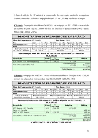 72
A base de cálculo do 13º salário é a remuneração do empregado, atendendo os seguintes
critérios, conforme a ocorrência do pagamento (art. 7º, VIII, CF/88). Veremos o exemplo:
1ª Parcela: Empregado admitido em 26/03/2011 → será pago em 30/11/2011 → seu salário
em outubro de 2011 é de R$ 1.000,00 por mês e o adicional de periculosidade (30%) é de R$
300,00 (R$ 1.000,00 x 30%)
DEMONSTRATIVO DE PAGAMENTO DE 13º SALÁRIO
Tipo de Pagamento: 1ª Parcela Ano Base: 2011
Mês Jan Fev Mar Abr Mai Jun Jul Ago Set Out Nov Dez
Dias Trabalhados 0 0 6 30 31 30 31 31 30 31 30 -
Avos 0 0 0 1 2 3 4 5 6 7 8 -
Salário Contratual
R$ 1.000,00 - Mensalista
Salário Cont. Mensal
R$ 1.000,00
Adicionais/Valores Fixo Mensal
R$ 300,00
Salário/Rem. Variável
R$ 0,00
Remuneração Base de Cálculo do 13º Salário Vigente em OUTUBRO/11
R$ 1.300,00
Descrição Qtde. Vr.
Unit./Base
Crédito Débito
13º Salário - 1ª Parcela (50%) 8/12 1.300,00 433,34
Total de Vencimentos
433,34
Total de
Descontos
0,00
FGTS do Mês (433,34 x 8%): 34,67
Total Liquido => 433,34
2ª Parcela: será pago em 20/12/2011 → seu salário em dezembro de 2011 já é de R$ 1.200,00
por mês e o adicional de periculosidade é de R$ 360,00 (R$ 1.200,00 x 30%)
DEMONSTRATIVO DE PAGAMENTO DE 13º SALÁRIO
Tipo de Pagamento: 2ª Parcela Ano Base: 2011
Mês Jan Fev Mar Abr Mai Jun Jul Ago Set Out Nov Dez
Dias Trabalhados 0 0 6 30 31 30 31 31 30 31 30 31
Avos 0 0 0 1 2 3 4 5 6 7 8 9
Salário Contratual
R$ 1.200,00 - Mensalista
Salário Cont. Mensal
R$ 1.200,00
Adicionais/Valores Fixo Mensal
R$ 360,00
Salário/Rem. Variável
R$ 0,00
Remuneração Base de Cálculo do 13º Salário Vigente em DEZEMBRO/11
R$ 1.560,00
Descrição Qtde. Vr.
Unit./Base
Crédito Débito
13º Salário - 2ª Parcela 9/12 1.560,00 1.170,00
Desc. 1ª Parcela 433,34
INSS s/ 13º Salário 9% 1.170,00 105,30
Total de Vencimentos
1.170,00
Total de
Descontos
538,64
FGTS do Mês (1.170,00 - 433,34 = 736,66 x 8%): 58,93
Total Liquido => 631,36
CAPÍTULO XII - RESCISÃO CONTRATUAL
 