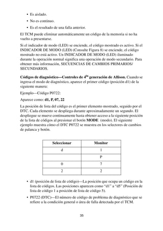 35
• Es aislado.
• No es continuo.
• Es el resultado de una falla anterior.
El TCM puede eliminar automáticamente un código de la memoria si no ha
vuelto a presentarse.
Si el indicador de modo (LED) se enciende, el código mostrado es activo. Si el
INDICADOR DE MODO (LED) (Consulte Figura 8) se enciende, el código
mostrado no está activo. Un INDICADOR DE MODO (LED) iluminado
durante la operación normal significa una operación de modo secundario. Para
obtener más información, SECUENCIAS DE CAMBIOS PRIMARIOS/
SECUNDARIOS.
Códigos de diagnóstico—Controles de 4ta
generación de Allison. Cuando se
ingresa el modo de diagnóstico, aparece el primer código (posición d1) de la
siguiente manera:
Ejemplo—Código P0722:
Aparece como: d1, P, 07, 22
La posición de lista del código es el primer elemento mostrado, seguido por el
DTC. Cada elemento se despliega durante aproximadamente un segundo. El
despliegue se mueve continuamente hasta obtener acceso a la siguiente posición
de la lista de códigos al presionar el botón MODE (modo). El siguiente
ejemplo muestra cómo el DTC P0722 se muestra en los selectores de cambios
de palanca y botón.
• d1 (posición de lista de código)—La posición que ocupa un código en la
lista de códigos. Las posiciones aparecen como “d1” a “d5” (Posición de
lista de código 1 a posición de lista de código 5).
• P0722 (DTC)—El número de código de problema de diagnóstico que se
refiere a la condición general o área de falla detectada por el TCM.
Seleccionar Monitor
d 1
P
0 7
2 2
 