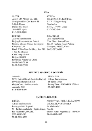 79
ASIA
JAPÓN
AISIN GM Allison Co., Ltd.
Shinagawa East One Tower 3F
2-16-1, Konan
Minato-ku, Tokio
108–0075 Japan
81-3-6718-1660
COREA
No. 2110, 21 Fl. KEC Bldg.
#275-7 Yangjea-dong
Seocho-ku
Seoul, 137-895, Corea
82-2-3497-0401
BEIJING
Allison Transmission
Beijing Representative Branch
General Motors (China) Investment
Company, Ltd.
Block C Guo Men Building, Rm. 319
1 Zuo Jia Zhuang
Chao Yang District
Beijing 100028
República Popular de China
86-10-6468-7850
86-10-6468-7788
SHANGHAI
Asia Pacific Office
23rd Floor, Aurora Plaza
No. 99 Fucheng Road, Pudong
Shanghai, 200120, China
86-21-28996888
SUDESTE ASIÁTICO Y OCEANÍA
Australia
MTU Detroit Diesel Australia Pty Ltd.
569 Grand Junction Road
Gepps Cross, South Australia
Australia 5094
61-8-8300-8100
SINGAPUR
Allison Transmission
15 Benoi Sector
Jurong Town, SINGAPUR 629849
65-6267-1600
AMÉRICA DEL SUR
BRASIL
Allison Transmission
Rua Agostinho Togneri
57 - Jardim Jurubatuba - Santo Amaro
Sao Paulo (SP), BRASIL
CEP 04690-090
55-11-5633-2599
ARGENTINA, CHILE, PARAGUAY,
URUGUAY, VENEZUELA
Av Madero 942
Piso 12
Buenos Aires, Argentina C1106ACW
54-11-4317-1987
 