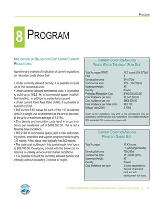 PROGRAM
Fort Pierce Waste Water Treatment Plant Relocation - A Community’s Vision 27
IMPLICATIONS OF RELOCATION COST UNDER CURRENT
REGULATIONS:
Apreliminary analysis of implication of current regulations
on relocation costs shows that:
• Under currently allowed density, it is possible to build
up to 150 residential units.
• Under currently allowed commercial uses, it is possible
to build up to 162,914sf of commercial space (retail/of-
fice/hotel/etc., in addition to residential program)
• Under current Floor Area Ratio (FAR), it is possible to
build 814,572sf.
• The current FAR allows for each of the 150 residential
units in a single-use development as the one to the east,
to be up to a maximum average of 4,344sf.
• This density and relocation costs result in a cost inci-
dence per residential unit of $668,500.00. This is not a
feasible base incidence.
• 162,914sf of commercial space yield a hotel with meet-
ing rooms, amenities and support program yields roughly
317 rooms. A first class hotel typically has 500 rooms.
• The base cost incidence in this scenario per hotel room
is $63,100.00. Developing a hotel with this base cost in-
cidence is unlikely under current market conditions.
• It is possible to build the currently allowed density and
intensity without exceeding 3 stories in height.
PROGRAM8
CURRENT CONDITION ANALYSIS
WASTE WATER TREATMENT PLAN SITE
Total Acreage (WWT) 18.7 acres (814,572sf)
FAR 1
Developable area 814,572sf
Commercial area 20% (162,914sf)
Maximum Height 45’
Density 8du/ac
Projected Relocation Cost $100,000,000.00
Cost Incidence per acre $5,347,593.00
Cost incidence per unit $668,500.00
Cost incidence per hotel room $63,100
Millage rate (2011) 5.7384
Under current regulations, only 20% of the development may be
dedicated to commercial uses (e.g. hotel/resort). This number reflects an
80% residential 20% commercial program split.
CURRENT CONDITION ANALYSIS
PRIVATELY OWNED SITE
Total Acreage 17.43 acres
(+ submerged lands)
Developable area 759,250sf
Commercial area 151,850sf (20%)
Maximum Height 45’
Density 8du/ac
Cost Incidence per acre $ Solely dependent on
the cost of land and
hard and soft
development soft costs.
 