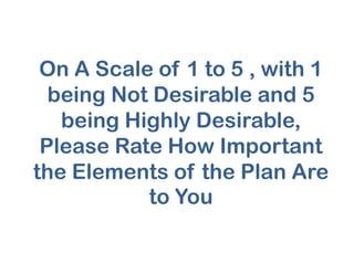 On A Scale of 1 to 5 , with 1
being Not Desirable and 5
being Highly Desirable,
Please Rate How ImportantPlease Rate How Important
the Elements of the Plan Are
to You
 