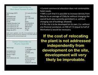 • Current commercial allocation does not contemplate
hotel needs.
• FAR is such that it is possible to increase density from
8du/ac to an average of 23du/ac without changing the
overall built area currently permitted (i.e. without
changing size of buildings allowed).
• If the site is to be developed on its own, (i.e. without
any financial assistance, an FAR of 7.5 (equal to half of
Manhattan’s) would be necessary.
If the cost of relocatingIf the cost of relocating
the plant is not addressed
independently from
development on the site,
development will very
likely be improbable.
 