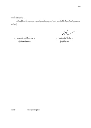 111
7.ผลที่คาดว่าจะได้รับ
นักเรียนมีทักษะพื้นฐานและกระบวนการคิดแบบต่างๆสามารถนากระบวนการคิดไปใช้ในการเรียนรู้ทุกกลุ่มสาระ
การเรียนรู้
กลยุทธ์ พัฒนาคุณภาพผู้เรียน
( นางสาวภัทราวณี โรมบรรณ )
ผู้รับผิดชอบโครงการ
( นายบาเหน็จ ป้ องปัด )
ผู้อนุมัติโครงการ
 