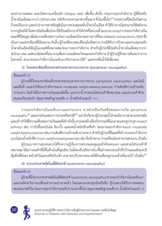 แนวทางเวชปฏิบัติการออกกำ�ลังกายในผู้ป่วยเบาหวานและความดันโลหิตสูง
(Exercise in Patients with Diabetes and Hypertension)
20
ของร่างกายลดลง และเกิดความเหนื่อยล้า (fatigue rate) เพิ่มขึ้น ดังนั้น ก่อนการออกกำ�ลังกาย ผู้ที่มีระดับ	
นํ้าตาลในเลือดมากกว่า 250 มก./ดล. หลังรับประทานอาหารตั้งแต่ 4 ชั่วโมงขึ้นไป(43)
ควรตรวจคีโตนในปัสสาวะ
ถ้าผลเป็นบวกแสดงว่าร่างกายขาดอินซูลินในการควบคุมระดับนํ้าตาลในเลือด ทำ�ให้ร่างกายไม่สามารถใช้พลังงาน
จากกลูโคสได้ จึงสลายไขมันเพื่อนำ�มาใช้เป็นพลังงาน ทำ�ให้เกิดคีโตนบอดี้ (ketone body) การออกกำ�ลังกายใน
ขณะที่คีโตนสูง เพิ่มโอกาสเสี่ยงต่อการเกิดภาวะเลือดเป็นกรดจากสารคีโตน (diabetic ketoacidosis; DKA) ซึ่ง
เป็นภาวะแทรกซ้อนที่มีอันตราย ดังนั้น ผู้ป่วยที่ตรวจพบคีโตนในปัสสาวะ ควรได้รับการรักษาและควบคุมระดับ
นํ้าตาลในเลือดให้อยู่ในเกณฑ์ที่เหมาะสมก่อนการออกกำ�ลังกาย สำ�หรับผู้ป่วยที่มีระดับนํ้าตาลในเลือดมากกว่า
300 มก./ดล. แต่ตรวจไม่พบคีโตน ควรเพิ่มความระมัดระวังขณะออกกำ�ลังกาย ถ้าผู้ป่วยรู้สึกสบายดีและร่างกาย
ไม่ขาดนํ้า สามารถออกกำ�ลังกายในระดับเบาถึงปานกลางได้(7)
และควรดื่มนํ้าให้เพียงพอ
3)	 โรคแทรกซ้อนที่ประสาทส่วนปลายจากเบาหวาน (peripheral neuropathy)
ข้อแนะนำ� 5:
	 ผู้ป่วยที่มีโรคแทรกซ้อนที่ประสาทส่วนปลายจากเบาหวาน (peripheral neuropathy) และไม่มี
แผลที่เท้า แนะนำ�ให้ออกกำ�ลังกายแบบ moderate weight-bearing exercise การเดินที่ความเร็วระดับ	
ปานกลาง ไม่ทำ�ให้โอกาสการเกิดแผลเพิ่มขึ้น นอกจากนี้ ควรสวมใส่รองเท้าที่เหมาะสม และตรวจเท้าด้วย
ตนเองเป็นประจำ� (คุณภาพหลักฐานระดับ II, นํ้าหนักคำ�แนะนำ� ++)
	 การออกกำ�ลังกายในระดับเบาและปานกลาง อาจช่วยป้องกันหรือชะลอการเกิด peripheral	
neuropathy(44)
และอาจช่วยลดอาการปวดหรือชาได้(45)
อย่างไรก็ตามผู้ป่วยกลุ่มนี้มักจะมีอาการชาตามปลายมือ
และเท้าทำ�ให้มีความเสี่ยงต่อการเกิดแผลที่เท้าดังนั้นควรจะหลีกเลี่ยงกิจกรรมที่มีแรงกระแทกสูง(high-impact
activity) เช่น การวิ่งขึ้นลงบันได จ๊อกกิ้ง และลดนํ้าหนักที่กดที่เท้า โดยอาจออกกำ�ลังกายแบบ moderate
weight-bearing exercise เช่น การเดินที่ความเร็วระดับปานกลาง สำ�หรับผู้ป่วยที่มีแผลที่เท้า ควรออกกำ�ลังกาย
แบบไม่ลงนํ้าหนักที่ขา (non-weight-bearing exercise)เช่นปั่นจักรยานการเคลื่อนไหวร่างกายส่วนบน เป็นต้น
	 ผู้ป่วยเบาหวานทุกคนควรได้รับความรู้เรื่องการตรวจและดูแลเท้าด้วยตนเอง และสวมใส่รองเท้าที่	
เหมาะสม ได้แก่ รองเท้าที่มีพื้นด้านในที่นุ่มเรียบ ไม่มีตะเข็บแข็งภายใน พื้นล่างของรองเท้าที่กว้างและแข็งแรง มี
หุ้มส้นที่มั่นคง หน้าเท้าไม่แคบหรือบีบเท้า สามารถปรับขยายขนาดได้ด้วยเชือกผูกรองเท้าหรือเวลโก้ เป็นต้น(46)
4)	 ระบบประสาทอัตโนมัติผิดปกติ (autonomic neuropathy)
ข้อแนะนำ� 6:
	 ผู้ป่วยที่มีระบบประสาทอัตโนมัติผิดปกติ (autonomic neuropathy) ควรออกกำ�ลังกายในระดับเบา	
และระมัดระวังการเปลี่ยนท่าทางอย่างรวดเร็ว โดยเฉพาะเวลาลุกนั่งหรือยืน ผู้ป่วยควรได้รับการทดสอบ
สมรรถภาพหัวใจก่อนการออกกำ�ลังกายระดับปานกลางขึ้นไป(คุณภาพหลักฐานระดับIII,นํ้าหนักคำ�แนะนำ� +)
 