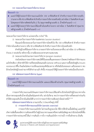 แนวทางเวชปฏิบัติการออกกำ�ลังกายในผู้ป่วยเบาหวานและความดันโลหิตสูง
(Exercise in Patients with Diabetes and Hypertension)
30
4.3	ระยะเวลาในการออกกำ�ลังกาย (time)
ข้อแนะนำ� 13:
	 แนะนำ�ให้ผู้ป่วยออกกำ�ลังกายแบบแอโรบิค 150 นาทีต่อสัปดาห์ สำ�หรับการออกกำ�ลังกายระดับ
ปานกลาง หรือ 90 นาทีต่อสัปดาห์ สำ�หรับการออกกำ�ลังกายระดับหนัก อย่างน้อย 3 วันต่อสัปดาห์ และ
ไม่หยุดออกกำ�ลังกายติดต่อกันเกิน 2 วัน (คุณภาพหลักฐานระดับ II, นํ้าหนักคำ�แนะนำ� ++)
	 แนะนำ�ให้ผู้ป่วยออกกำ�ลังกายแบบใช้แรงต้านในระดับปานกลาง อย่างน้อย 3 วันต่อสัปดาห์ (คุณภาพ
หลักฐานระดับ II, นํ้าหนักคำ�แนะนำ� ++)
ระยะเวลาในการออกกำ�ลังกาย แบ่งออกเป็น 2 ส่วน(8)
คือ
	 1)	 ระยะเวลาในการออกกำ�ลังกายแต่ละรอบ (session duration)
	 	 ข้อแนะนำ�เรื่องระยะเวลาในการออกกำ�ลังกายโดยทั่วไป คือ 150 นาทีต่อสัปดาห์ สำ�หรับการออก
กำ�ลังกายในระดับปานกลาง หรือ 90 นาทีต่อสัปดาห์ สำ�หรับการออกกำ�ลังกายในระดับหนัก
	 	 สำ�หรับผู้ป่วยที่เริ่มออกกำ�ลังกาย อาจออกกำ�ลังกายเป็นระยะเวลาสั้นๆ อย่างน้อย 10 นาทีต่อรอบ
จำ�นวน 3 รอบต่อวัน หลังจากนั้น อาจเพิ่มระยะเวลาตามความเหมาะสม
	 2)	 ระยะเวลาของโปรแกรมการออกกำ�ลังกาย (program duration)
	 	 ประโยชน์ของการออกกำ�ลังกายพบได้ทั้งในระยะสั้นและระยะยาว โดยพบว่าหลังออกกำ�ลังกายแบบ
แอโรบิคเพียง 3 สัปดาห์ทำ�ให้ภาวะที่หลอดเลือดแดงแข็ง (arterial stiffness) และภาวะดื้อต่ออินซูลิน (insulin
resistance) ดีขึ้น ถึงแม้จะไม่พบการเปลี่ยนแปลงของดัชนีมวลกาย หรือไขมันในระยะแรก แต่ในระยะยาว พบ
มีประโยชน์ต่อผู้ป่วยอย่างมากดังได้กล่าวมาแล้ว ดังนั้น ควรแนะนำ�ให้ผู้ป่วยออกกำ�ลังกายต่อเนื่องเป็นประจำ�
4.4	ชนิดของการออกกำ�ลังกาย (type)
ข้อแนะนำ� 14:
	 แนะนำ�ให้ผู้ป่วยออกกำ�ลังกายแบบแอโรบิค และแบบใช้แรงต้านร่วมกัน (คุณภาพหลักฐานระดับ II,
นํ้าหนักคำ�แนะนำ� ++)
	 การออกกำ�ลังกายแบบแอโรบิคและการออกกำ�ลังกายแบบใช้แรงต้าน มีประโยชน์กับผู้ป่วยเบาหวานใน
เรื่องการควบคุมระดับนํ้าตาลในเลือดไม่แตกต่างกัน อย่างไรก็ตาม พบว่าการออกกำ�ลังกายทั้งสองอย่างร่วมกัน
ทำ�ให้ควบคุมระดับนํ้าตาลในเลือดได้ดี มากกว่าการออกกำ�ลังกายเพียงอย่างใดอย่างหนึ่ง(55, 56)
	 ชนิดของการออกกำ�ลังกาย อาจแบ่งเป็น 3 ประเภทใหญ่ๆ ดังนี้
	 1)	 การออกกำ�ลังกายแบบแอโรบิค (aerobic exercise)
	 	 	 การออกกำ�ลังกายแบบแอโรบิค ไม่ว่าจะเป็นรูปแบบใด ที่มีการใช้กล้ามเนื้อมัดใหญ่ และทำ�ให้
เกิดการเพิ่มขึ้นของอัตราการเต้นของหัวใจ ในผู้ป่วยเบาหวานและ/หรือความดันโลหิตสูง พบว่ามีประโยชน์ทั้งสิ้น
การออกกำ�ลังกายประเภทนี้ ได้แก่ การเดินเร็ว การวิ่ง การเต้นแอโรบิค การว่ายนํ้า การปั่นจักรยาน เป็นต้น
 