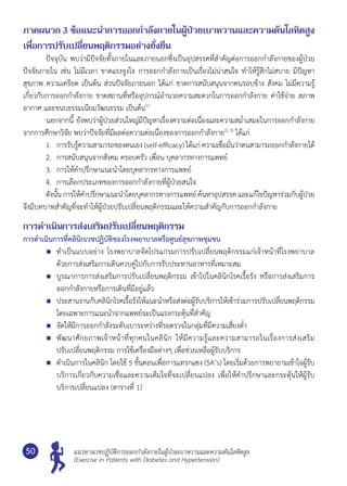 แนวทางเวชปฏิบัติการออกกำ�ลังกายในผู้ป่วยเบาหวานและความดันโลหิตสูง
(Exercise in Patients with Diabetes and Hypertension)
50
ภาคผนวก 3 ข้อแนะนำ�การออกกำ�ลังกายในผู้ป่วยเบาหวานและความดันโลหิตสูง
เพื่อการปรับเปลี่ยนพฤติกรรมอย่างยั่งยืน
	 ปัจจุบัน พบว่ามีปัจจัยทั้งภายในและภายนอกซึ่งเป็นอุปสรรคที่สำ�คัญต่อการออกกำ�ลังกายของผู้ป่วย
ปัจจัยภายใน เช่น ไม่มีเวลา ขาดแรงจูงใจ การออกกำ�ลังกายเป็นเรื่องไม่น่าสนใจ ทำ�ให้รู้สึกไม่สบาย มีปัญหา
สุขภาพ ความเครียด เป็นต้น ส่วนปัจจัยภายนอก ได้แก่ ขาดการสนับสนุนจากคนรอบข้าง สังคม ไม่มีความรู้
เกี่ยวกับการออกกำ�ลังกาย ขาดสถานที่หรืออุปกรณ์อำ�นวยความสะดวกในการออกกำ�ลังกาย ค่าใช้จ่าย สภาพ
อากาศ และขนบธรรมเนียมวัฒนธรรม เป็นต้น(1)
	 นอกจากนี้ ยังพบว่าผู้ป่วยส่วนใหญ่มีปัญหาเรื่องความต่อเนื่องและความสมํ่าเสมอในการออกกำ�ลังกาย
จากการศึกษาวิจัย พบว่าปัจจัยที่มีผลต่อความต่อเนื่องของการออกกำ�ลังกาย(2, 3)
ได้แก่
	 1.	 การรับรู้ความสามารถของตนเอง (self-efficacy) ได้แก่ ความเชื่อมั่นว่าตนสามารถออกกำ�ลังกายได้
	 2.	 การสนับสนุนจากสังคม ครอบครัว เพื่อน บุคลากรทางการแพทย์
	 3.	 การให้คำ�ปรึกษาแนะนำ�โดยบุคลากรทางการแพทย์
	 4.	 การเลือกประเภทของการออกกำ�ลังกายที่ผู้ป่วยสนใจ
	 ดังนั้น การให้คำ�ปรึกษาแนะนำ�โดยบุคลากรทางการแพทย์ ค้นหาอุปสรรค และแก้ไขปัญหาร่วมกับผู้ป่วย
จึงมีบทบาทสำ�คัญที่จะทำ�ให้ผู้ป่วยปรับเปลี่ยนพฤติกรรมและให้ความสำ�คัญกับการออกกำ�ลังกาย
การดำ�เนินการส่งเสริมปรับเปลี่ยนพฤติกรรม
การดำ�เนินการที่คลินิกเวชปฏิบัติของโรงพยาบาลหรือศูนย์สุขภาพชุมชน
	 ทำ�เป็นแบบอย่าง โรงพยาบาลจัดโปรแกรมการปรับเปลี่ยนพฤติกรรมแก่เจ้าหน้าที่โรงพยาบาล
ด้วยการส่งเสริมการเดินควบคู่ไปกับการรับประทานอาหารที่เหมาะสม
	 บูรณาการการส่งเสริมการปรับเปลี่ยนพฤติกรรม เข้าไปในคลินิกโรคเรื้อรัง หรือการส่งเสริมการ
ออกกำ�ลังกายหรือการเดินที่มีอยู่แล้ว
	 ประสานงานกับคลินิกโรคเรื้อรังให้แนะนำ�หรือส่งต่อผู้รับบริการให้เข้าร่วมการปรับเปลี่ยนพฤติกรรม
โดยเฉพาะการแนะนำ�จากแพทย์จะเป็นแรงกระตุ้นที่สำ�คัญ
	 จัดให้มีการออกกำ�ลังระดับเบาระหว่างที่รอตรวจในกลุ่มที่มีความเสี่ยงตํ่า
	 พัฒนาศักยภาพเจ้าหน้าที่ทุกคนในคลินิก ให้มีความรู้และความสามารถในเรื่องการส่งเสริม
ปรับเปลี่ยนพฤติกรรม การใช้เครื่องมือต่างๆ เพื่อช่วยเหลือผู้รับบริการ
	 ดำ�เนินการในคลินิก โดยใช้ 5 ขั้นตอนเพื่อการแทรกแซง (5A’s) โดยเริ่มด้วยการพยายามเข้าใจผู้รับ
บริการเกี่ยวกับความเชื่อและความเต็มใจที่จะเปลี่ยนแปลง เพื่อให้คำ�ปรึกษาและกระตุ้นให้ผู้รับ
บริการเปลี่ยนแปลง (ตารางที่ 1)
 