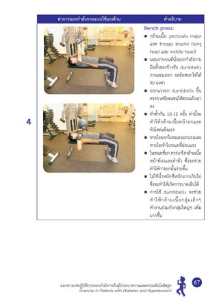 แนวทางเวชปฏิบัติการออกกำ�ลังกายในผู้ป่วยเบาหวานและความดันโลหิตสูง
(Exercise in Patients with Diabetes and Hypertension)
67
ท่าการออกกำ�ลังกายแบบใช้แรงต้าน คำ�อธิบาย
4
Bench press:
	 กล้ามเนื้อ: pectoralis major
และ triceps brachii (long
head และ middle head)
	 นอนราบบนที่นั่งออกกำ�ลังกาย
มือทั้งสองข้างจับ dumbbells
กางแขนออก งอข้อศอกให้ได้
90 องศา
	 ออกแรงยก dumbbells ขึ้น
ตรงๆเหยียดแขนให้ตรงแล้วเอา
ลง
	 ทำ�ซํ้ากัน 10-12 ครั้ง ท่านี้จะ
ทำ�ให้กล้ามเนื้อหน้าอกและ	
หัวไหล่แข็งแรง
	 หายใจออกในขณะออกแรงและ
หายใจเข้าในขณะที่ผ่อนแรง
	 ในขณะที่ยก ควรเกร็งกล้ามเนื้อ
หน้าท้องและลำ�ตัว ซึ่งจะช่วย
ทำ�ให้การยกนั้นง่ายขึ้น
	 ไม่ใช้นํ้าหนักที่หนักมากเกินไป
ซึ่งจะทำ�ให้เกิดการบาดเจ็บได้
	 การใช้ dumbbells จะช่วย
ทำ�ให้กล้ามเนื้อกลุ่มเล็กๆ
ทำ�งานร่วมกับกลุ่มใหญ่ๆ เพิ่ม
มากขึ้น
 