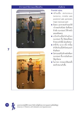 แนวทางเวชปฏิบัติการออกกำ�ลังกายในผู้ป่วยเบาหวานและความดันโลหิตสูง
(Exercise in Patients with Diabetes and Hypertension)
70
ท่าการออกกำ�ลังกายแบบใช้แรงต้าน คำ�อธิบาย
7
Frontal raise:
	 กล้ามเนื้อ: deltoideus
(anterior, middle และ	
posterior) และ pectoralis
major clavicular part
	 ยืนตรง แยกขาสองข้างออกให้
กว้างพอกับหัวไหล่ มือทั้งสอง
ข้างจับ dumbbell ไว้ข้างหน้า
แขนเหยียดตรง
	 เกร็งกล้ามเนื้อลำ�ตัวแล้วยก
dumbbell ขึ้น ให้แขนทั้งสอง
ข้างขนานกับพื้น ไม่งอข้อศอก
	 ทำ�ซํ้ากัน 12-15 ครั้ง ท่านี้จะ
ทำ�ให้กล้ามเนื้อหัวไหล่และลำ�
ตัวแข็งแรง
	 ไม่ควรเอนตัวไปข้างหลังเพื่อยก
dumbbell ขึ้น หายใจเข้าออก
ให้ถูกจังหวะ
	 ในการยก ควรจะยกให้แขนทั้ง
สองข้างขนานกับพื้น
 