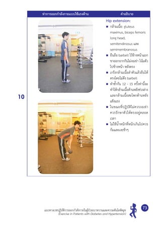 แนวทางเวชปฏิบัติการออกกำ�ลังกายในผู้ป่วยเบาหวานและความดันโลหิตสูง
(Exercise in Patients with Diabetes and Hypertension)
73
ท่าการออกกำ�ลังกายแบบใช้แรงต้าน คำ�อธิบาย
10
Hip extension:
	 กล้ามเนื้อ: gluteus
maximus, biceps femoris
long head, 	
semitendinosus และ 	
semimembranosus
	 ยืนถือ barbell ไว้ข้างหน้าแยก
ขาออกจากกันไม่งอเข่า โน้มตัว
ไปข้างหน้า หลังตรง
	 เกร็งกล้ามเนื้อลำ�ตัวแล้วยืนให้
ตรงโดยไม่ดึง barbell
	 ทำ�ซํ้ากัน 12 - 15 ครั้งท่านี้จะ
ทำ�ให้กล้ามเนื้อด้านหลังช่วงล่าง
และกล้ามเนื้อสะโพกด้านหลัง
แข็งแรง
	 ในขณะที่ปฏิบัติไม่ควรงอเข่า
ควรรักษาตัวให้ตรงอยู่ตลอด
เวลา
	 ไม่ใช้นํ้าหนักที่หนักเกินไปควร
ก้มและเงยช้าๆ
 
