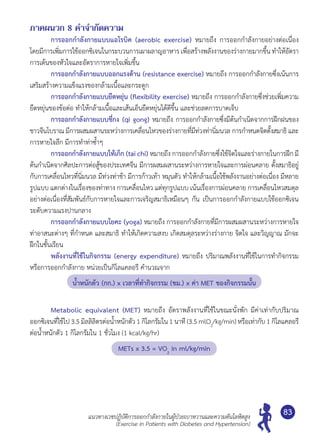 แนวทางเวชปฏิบัติการออกกำ�ลังกายในผู้ป่วยเบาหวานและความดันโลหิตสูง
(Exercise in Patients with Diabetes and Hypertension)
83
ภาคผนวก 8 คำ�จำ�กัดความ
	 การออกกำ�ลังกายแบบแอโรบิค (aerobic exercise) หมายถึง การออกกำ�ลังกายอย่างต่อเนื่อง
โดยมีการเพิ่มการใช้ออกซิเจนในกระบวนการเผาผลาญอาหาร เพื่อสร้างพลังงานของร่างกายมากขึ้น ทำ�ให้อัตรา
การเต้นของหัวใจและอัตราการหายใจเพิ่มขึ้น
	 การออกกำ�ลังกายแบบออกแรงต้าน (resistance exercise) หมายถึง การออกกำ�ลังกายซึ่งเน้นการ
เสริมสร้างความแข็งแรงของกล้ามเนื้อและกระดูก
	 การออกกำ�ลังกายแบบยืดหยุ่น (flexibility exercise) หมายถึง การออกกำ�ลังกายซึ่งช่วยเพิ่มความ
ยืดหยุ่นของข้อต่อ ทำ�ให้กล้ามเนื้อและเส้นเอ็นยืดหยุ่นได้ดีขึ้น และช่วยลดการบาดเจ็บ
	 การออกกำ�ลังกายแบบชี่กง (qi gong) หมายถึง การออกกำ�ลังกายซึ่งมีต้นกำ�เนิดจากการฝึกฝนของ
ชาวจีนโบราณ มีการผสมผสานระหว่างการเคลื่อนไหวของร่างกายที่มีท่วงท่านิ่มนวล การกำ�หนดจิตตั้งสมาธิ และ
การหายใจลึก มีการทำ�ท่าซํ้าๆ
	 การออกกำ�ลังกายแบบไท้เก็ก (tai chi) หมายถึง การออกกำ�ลังกายซึ่งใช้จิตใจและร่างกายในการฝึก มี
ต้นกำ�เนิดจากศิลปะการต่อสู้ของประเทศจีน มีการผสมผสานระหว่างการหายใจและการผ่อนคลาย ตั้งสมาธิอยู่
กับการเคลื่อนไหวที่นิ่มนวล มีท่วงท่าช้า มีการก้าวเท้า หมุนตัว ทำ�ให้กล้ามเนื้อใช้พลังงานอย่างต่อเนื่อง มีหลาย
รูปแบบ แตกต่างในเรื่องของท่าทาง การเคลื่อนไหว แต่ทุกรูปแบบ เน้นเรื่องการผ่อนคลาย การเคลื่อนไหวสมดุล
อย่างต่อเนื่องที่สัมพันธ์กับการหายใจและการเจริญสมาธิเหมือนๆ กัน เป็นการออกกำ�ลังกายแบบใช้ออกซิเจน
ระดับความแรงปานกลาง
	 การออกกำ�ลังกายแบบโยคะ (yoga) หมายถึง การออกกำ�ลังกายที่มีการผสมผสานระหว่างการหายใจ
ท่าอาสนะต่างๆ ที่กำ�หนด และสมาธิ ทำ�ให้เกิดความสงบ เกิดสมดุลระหว่างร่างกาย จิตใจ และวิญญาณ มักจะ
ฝึกในชั้นเรียน
	 พลังงานที่ใช้ในกิจกรรม (energy expenditure) หมายถึง ปริมาณพลังงานที่ใช้ในการทำ�กิจกรรม
หรือการออกกำ�ลังกาย หน่วยเป็นกิโลแคลอรี คำ�นวณจาก
นํ้าหนักตัว (กก.) x เวลาที่ทำ�กิจกรรม (ชม.) x ค่า MET ของกิจกรรมนั้น
	 Metabolic equivalent (MET) หมายถึง อัตราพลังงานที่ใช้ในขณะนั่งพัก มีค่าเท่ากับปริมาณ
ออกซิเจนที่ใช้ไป 3.5 มิลลิลิตรต่อนํ้าหนักตัว 1 กิโลกรัมใน 1 นาที (3.5 mlO2
/kg/min) หรือเท่ากับ 1 กิโลแคลอรี
ต่อนํ้าหนักตัว 1 กิโลกรัมใน 1 ชั่วโมง (1 kcal/kg/hr)
METs x 3.5 = VO2
in ml/kg/min
 